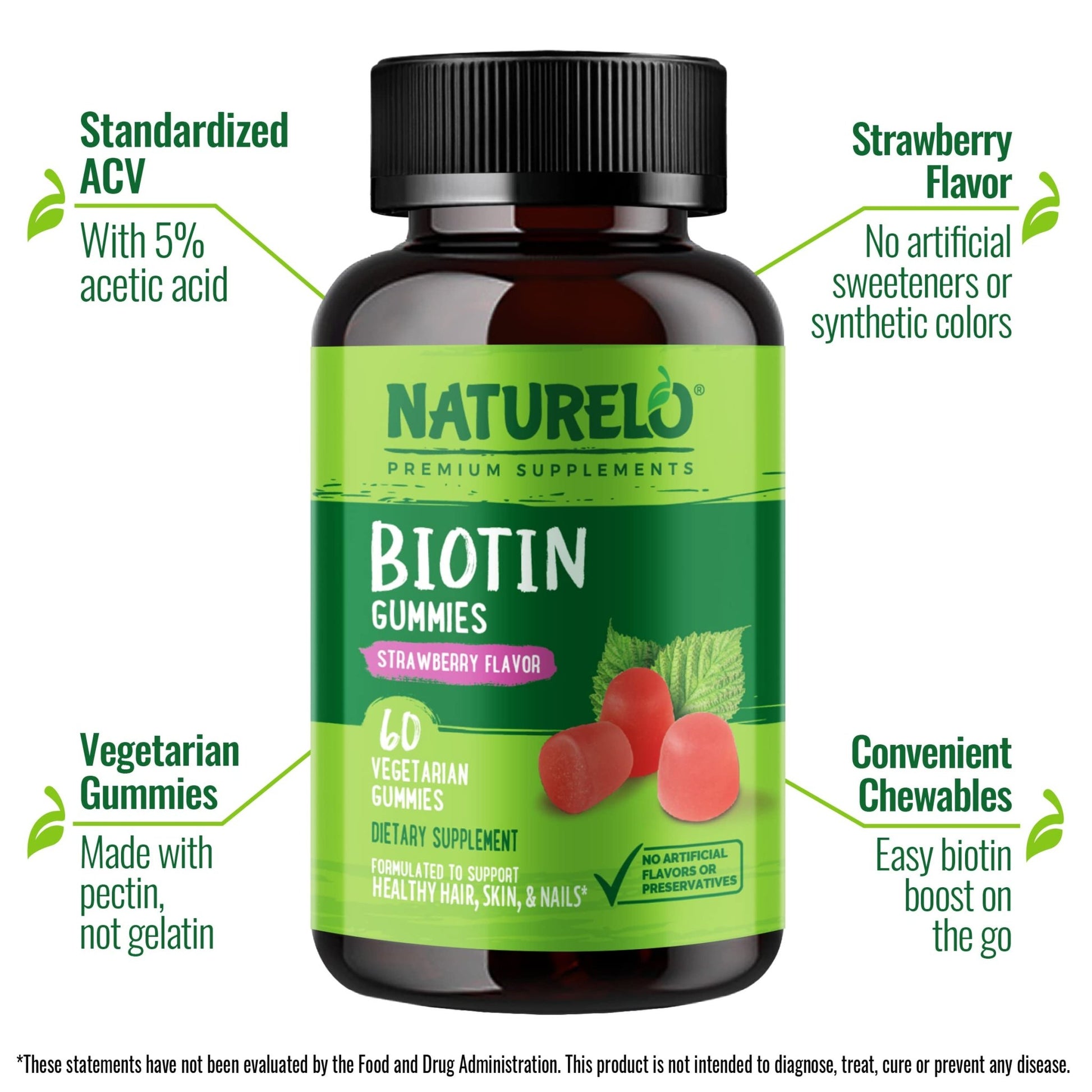 NATURELO Biotin Gummies - Supports Healthy Hair, Skin & Nails - High Potency 2500 mcg - Non GMO, Gluten Free - 60 Gummies - PrimeBioHealth - canada supplements