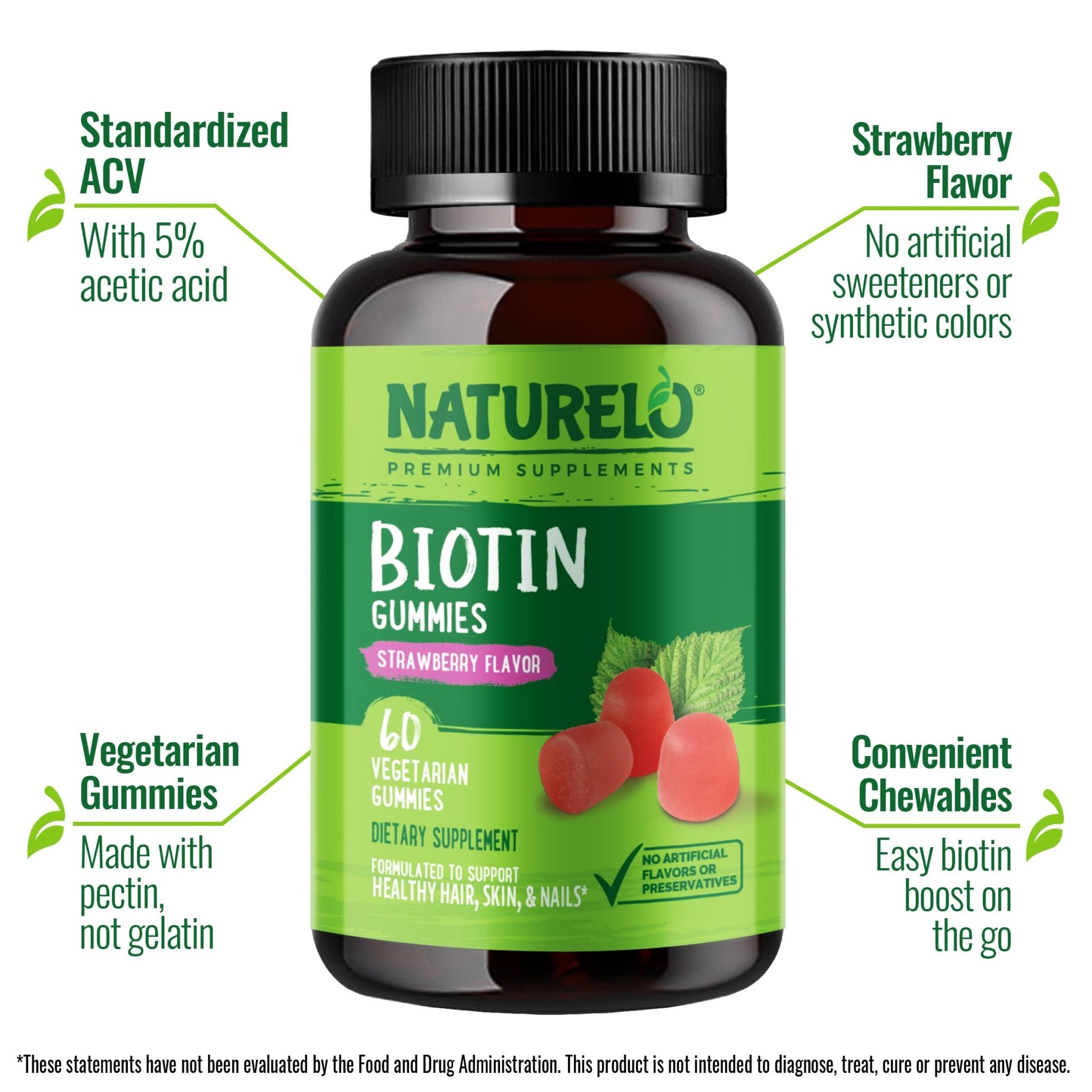 NATURELO Biotin Gummies - Supports Healthy Hair, Skin & Nails - High Potency 2500 mcg - Non GMO, Gluten Free - 60 Gummies - PrimeBioHealth - canada supplements