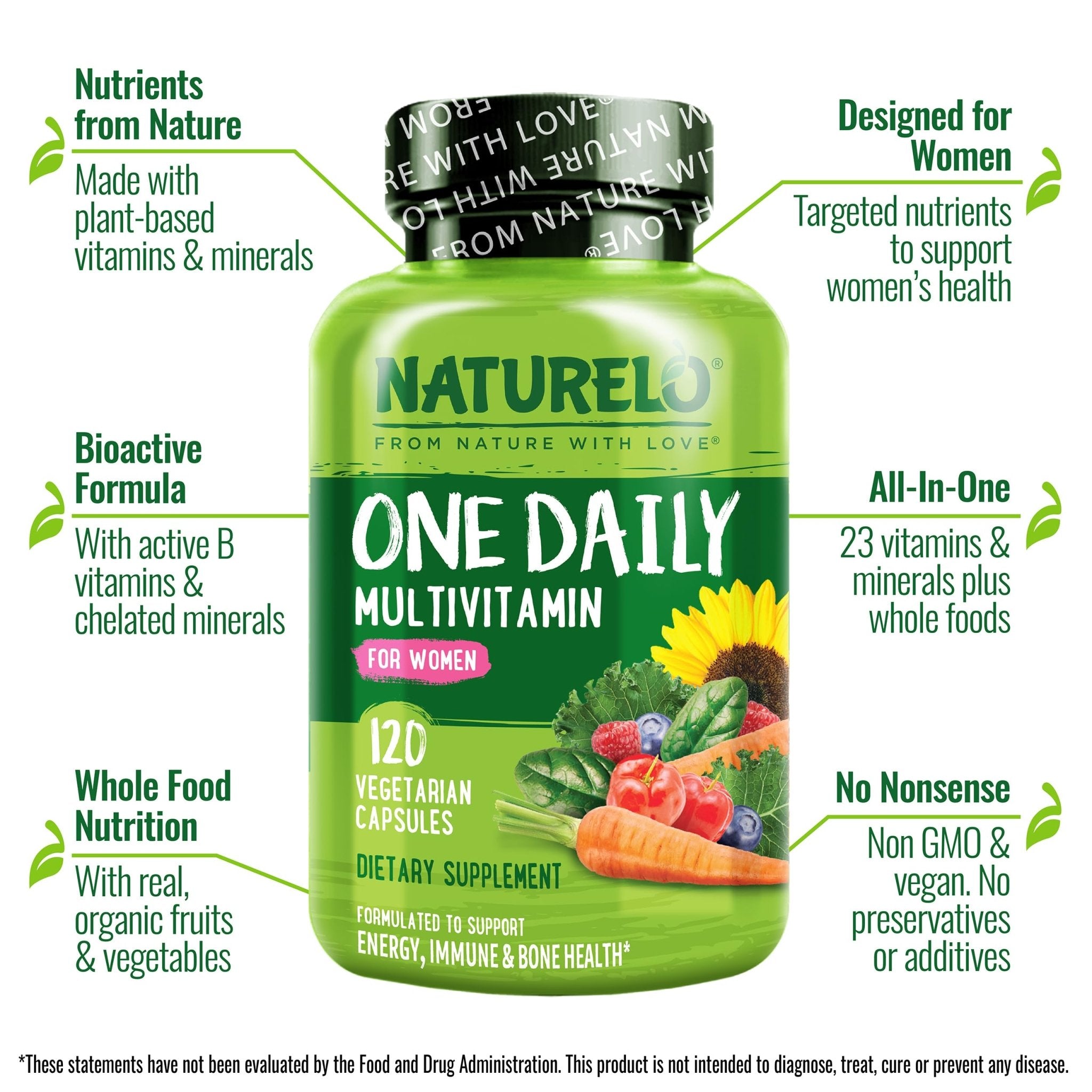 NATURELO One Daily Multivitamin for Women w/Vitamin B12, 120 Ct, Energy Support, Whole Food Daily Women Multivitamin Supplement, Nourish Hair/Skin/Nail, Non-GMO - PrimeBioHealth - canada supplements