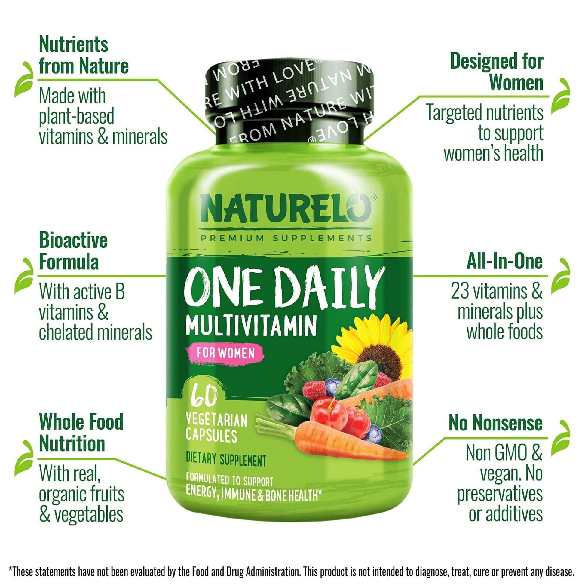 NATURELO One Daily Multivitamin for Women w/Vitamin B12, 60 Ct, Energy Support, Whole Food Daily Women Multivitamin Supplement, Nourish Hair/Skin/Nail, Non-GMO - PrimeBioHealth - canada supplements