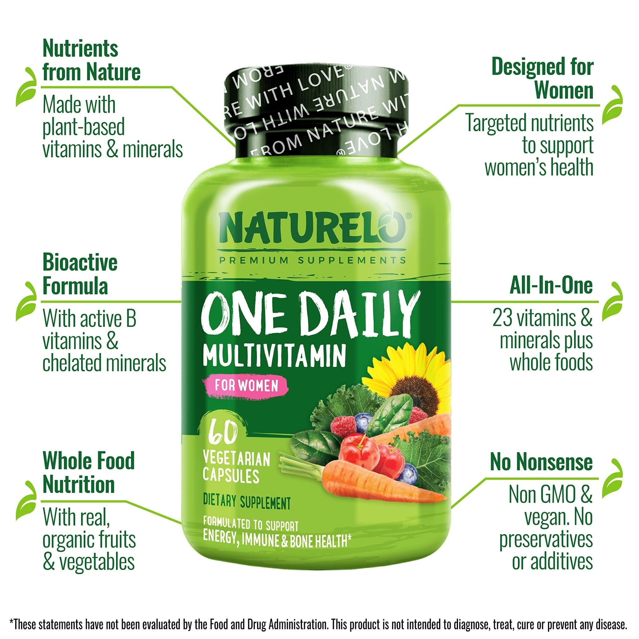 NATURELO One Daily Multivitamin for Women w/Vitamin B12, 60 Ct, Energy Support, Whole Food Daily Women Multivitamin Supplement, Nourish Hair/Skin/Nail, Non-GMO - PrimeBioHealth - canada supplements