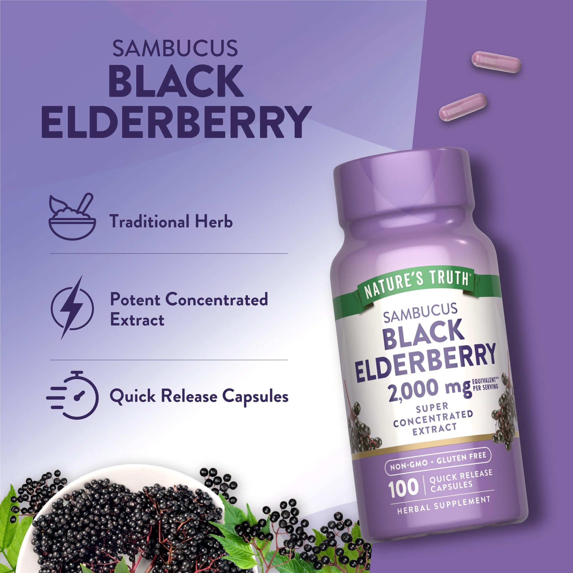 Nature's Truth Black Elderberry Capsules | 100 Count | Super Concentrated Sambucus Extract | Non-GMO and Gluten Free Supplement - PrimeBioHealth - canada supplements