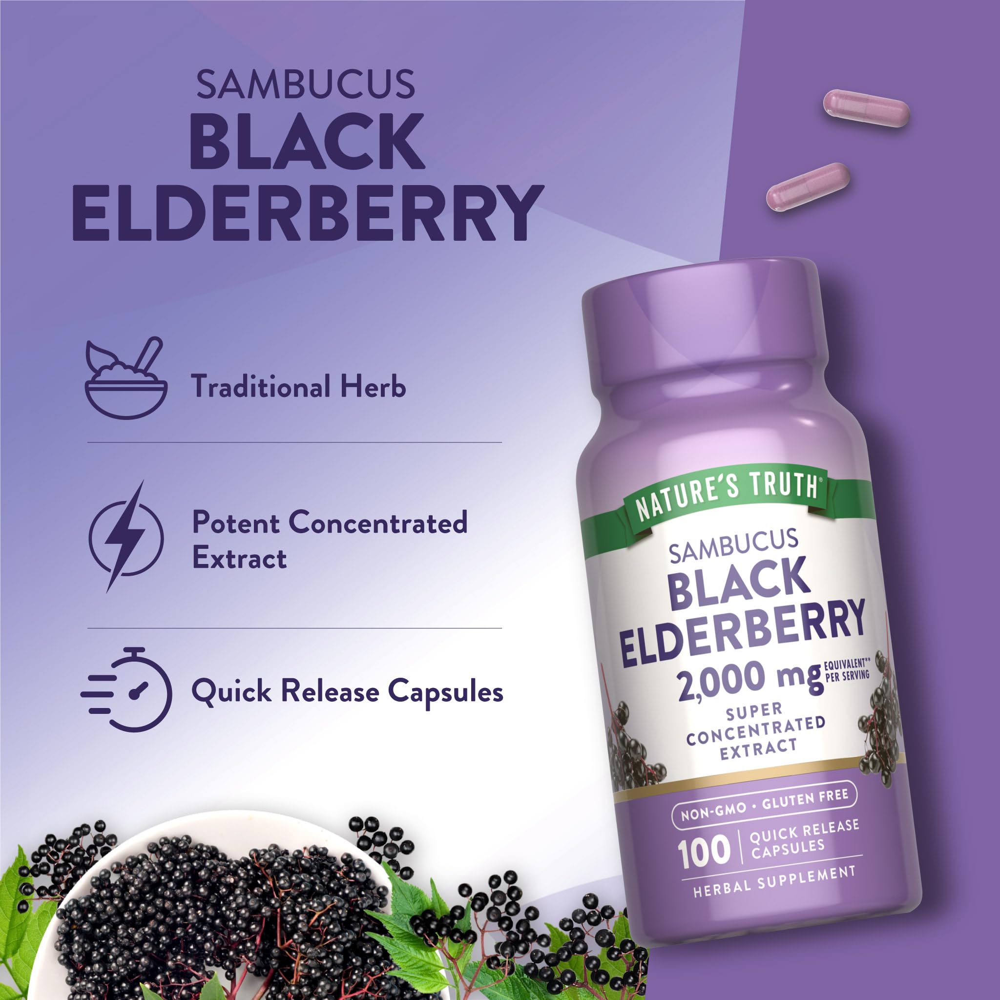 Nature's Truth Black Elderberry Capsules | 100 Count | Super Concentrated Sambucus Extract | Non-GMO and Gluten Free Supplement - PrimeBioHealth - canada supplements