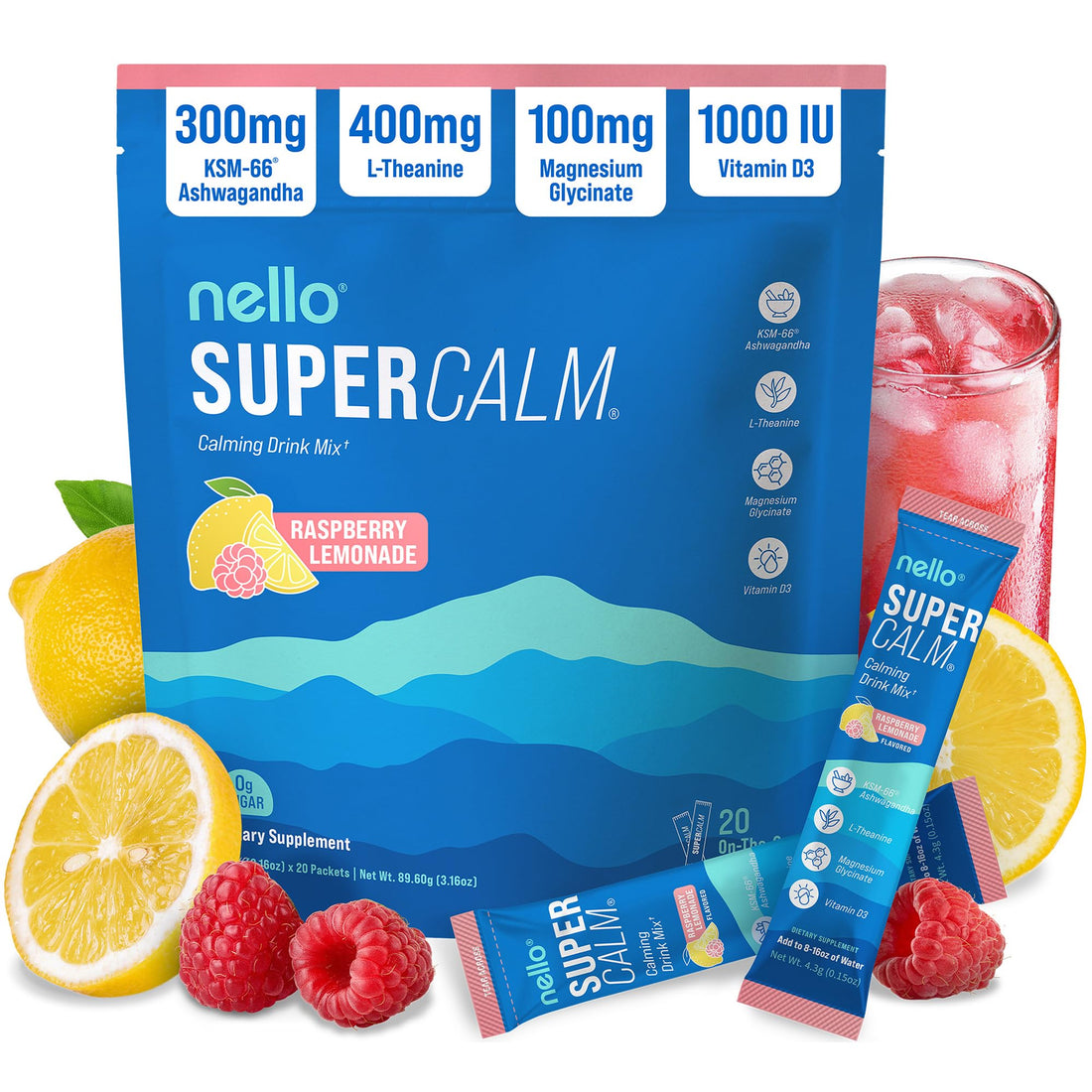 Nello Supercalm Powdered Drink Mix, Cortisol Reducer and Sleep Aid Supplement, L Theanine, Ksm-66 Ashwagandha, Magnesium Glycinate, Vitamin D 3, No Sugar, Non GMO - PrimeBioHealth - canada supplements