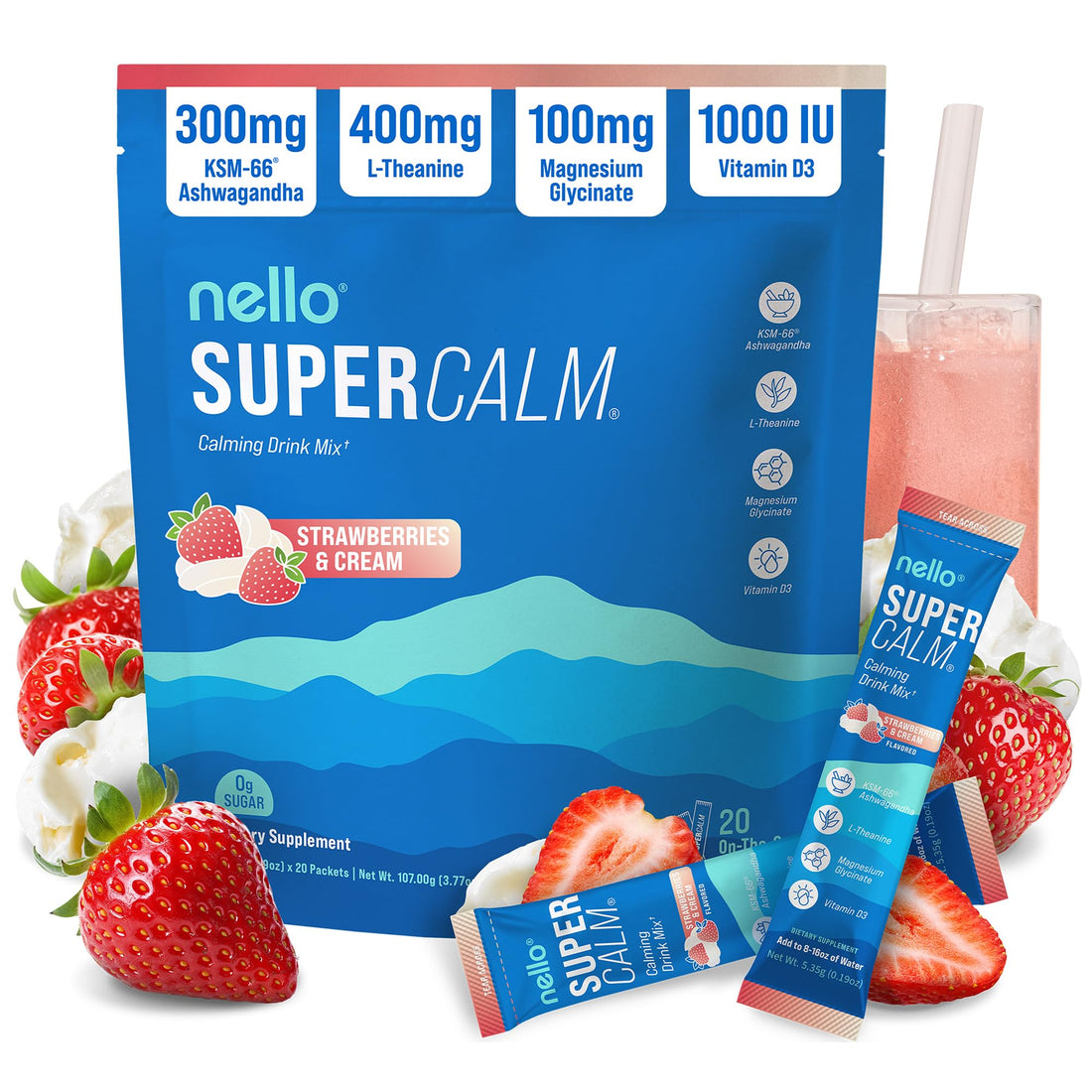 Nello Supercalm Powdered Drink Mix, Cortisol Reducer*, Sleep Aid Supplement, L Theanine, Ksm-66 Ashwagandha, Magnesium Glycinate, Vitamin D 3, No Sugar - PrimeBioHealth - canada supplements