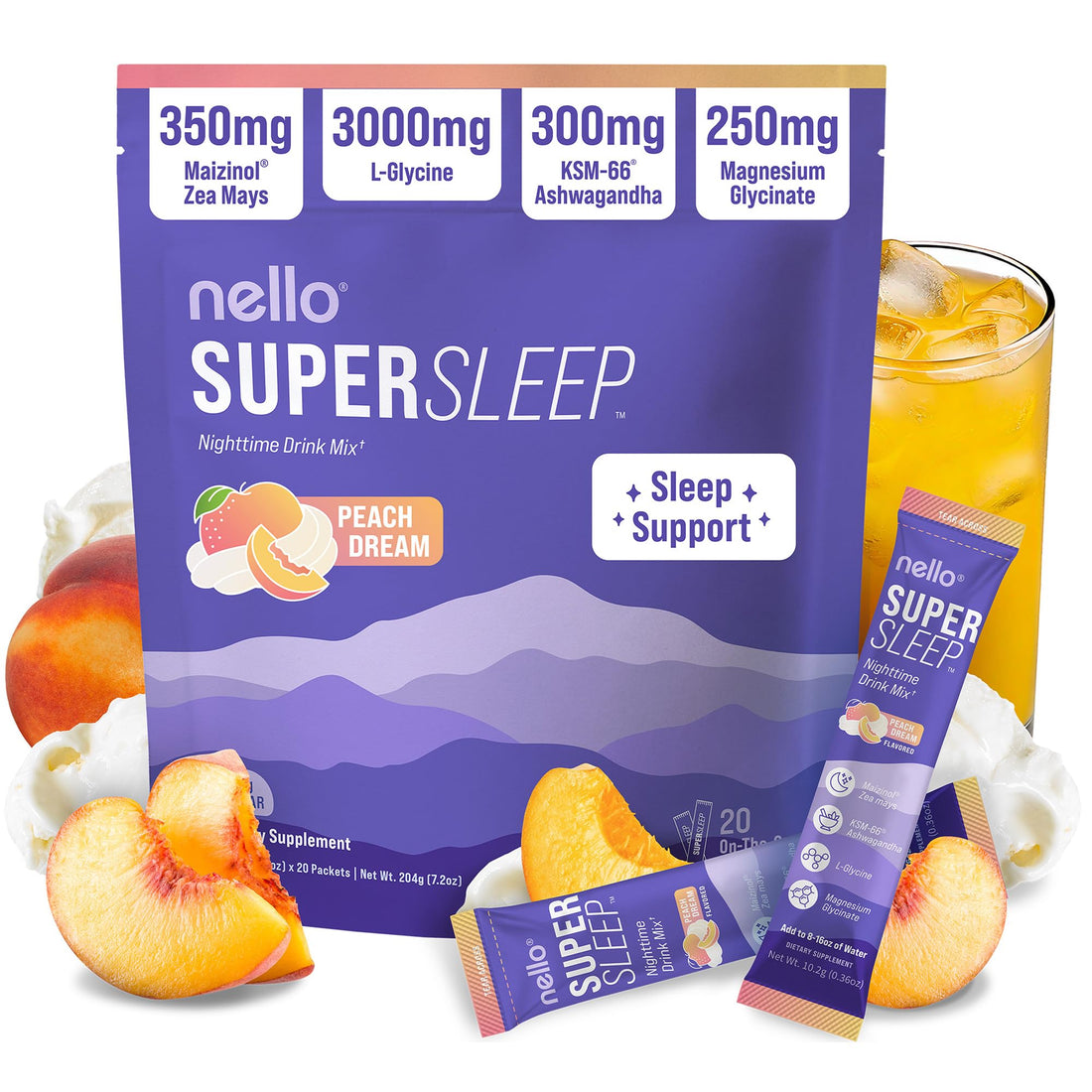 Nello Supersleep, Nighttime Sleep Support Drink Mix, Ashwagandha, Maizinol, L-Glycine, Magnesium Glycinate, Peach Dream (Pack of 20) - PrimeBioHealth - canada supplements