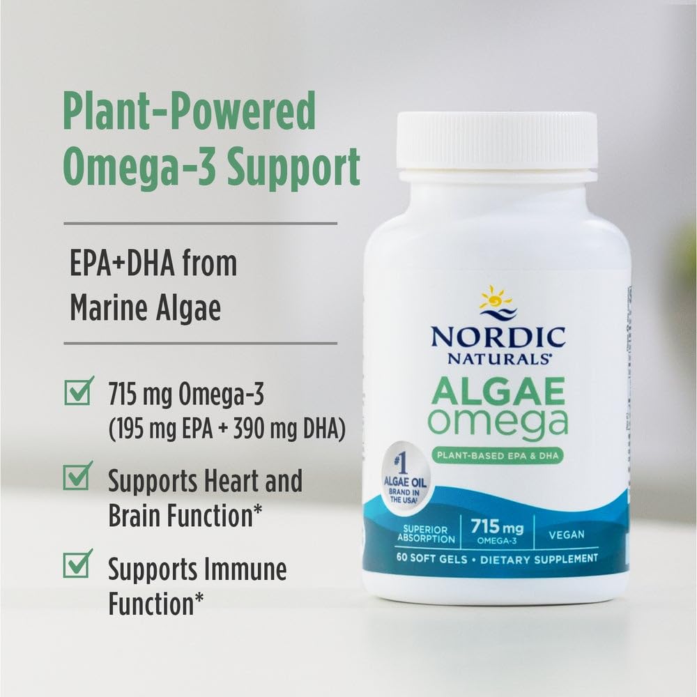 Nordic Naturals Algae Omega - 120 Soft Gels - 715 mg Omega-3 - Certified Vegan Algae Oil - Plant-Based EPA & DHA - Heart, Eye - PrimeBioHealth - canada supplements