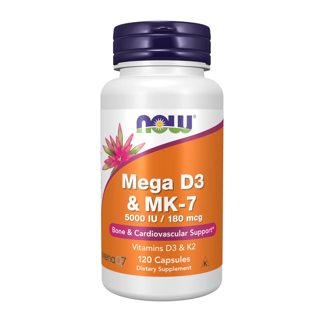 NOW Foods Supplements, Mega D-3 & MK-7 with Vitamins D-3 & K-2, 5,000 IU/180 mcg, Bone & Cardiovascular Support*, 60 Veg Capsules - PrimeBioHealth - canada supplements
