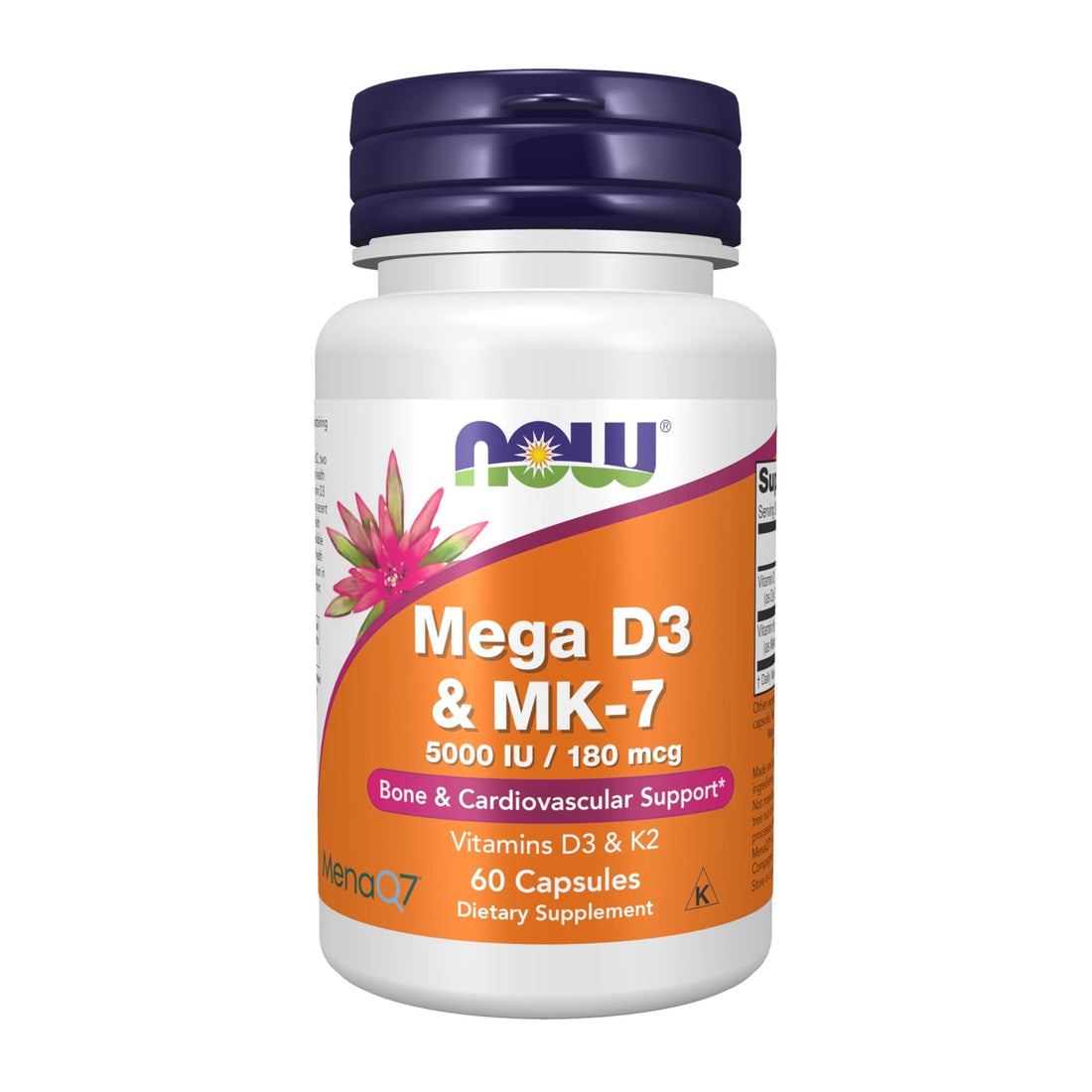 NOW Foods Supplements, Mega D-3 & MK-7 with Vitamins D-3 & K-2, 5,000 IU/180 mcg, Bone & Cardiovascular Support*, 60 Veg Capsules - PrimeBioHealth - canada supplements