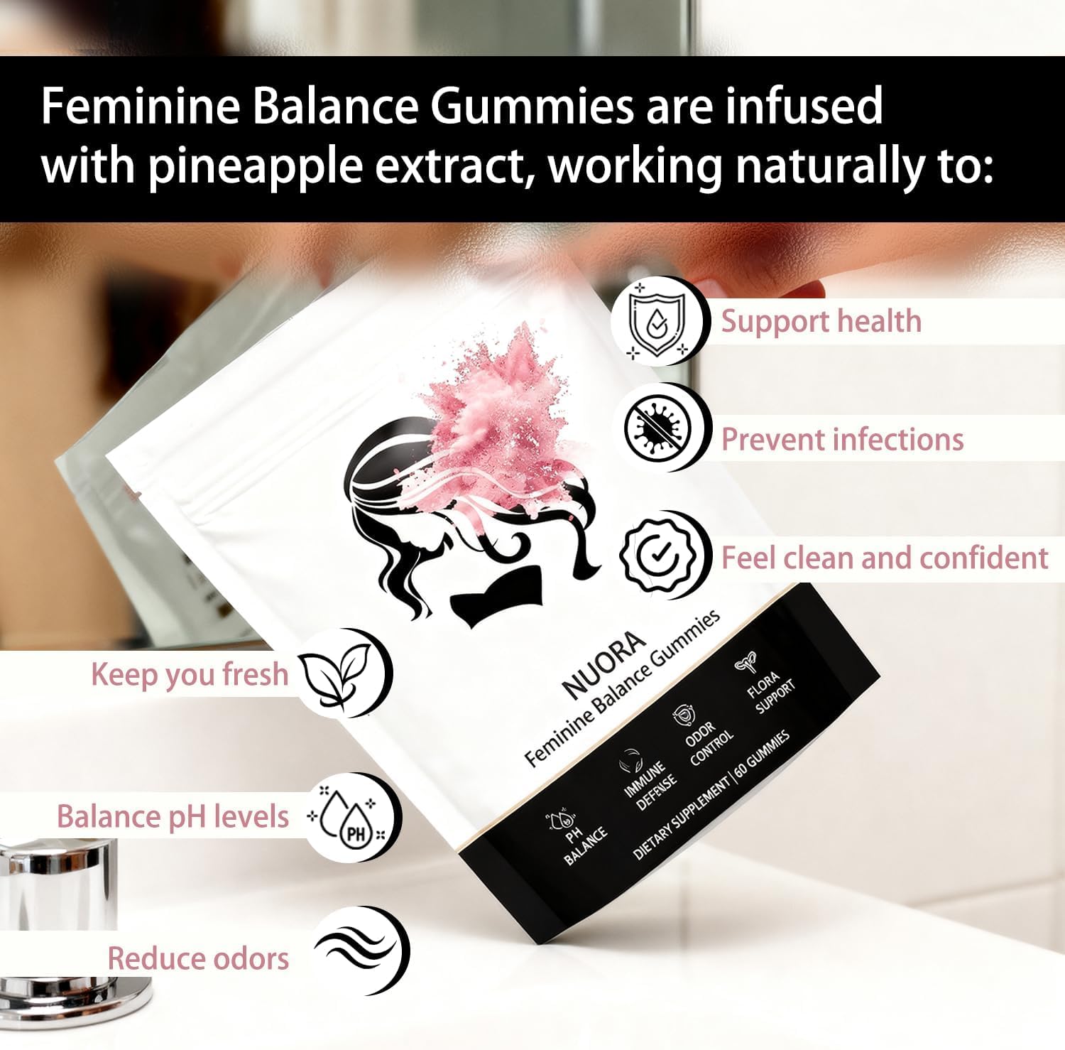 nuora Feminine Balance Gummies, Vegan Hawaiian Pineapple, pH Balance, Healthy Odor, Flora and Immune Support, - PrimeBioHealth - canada supplements