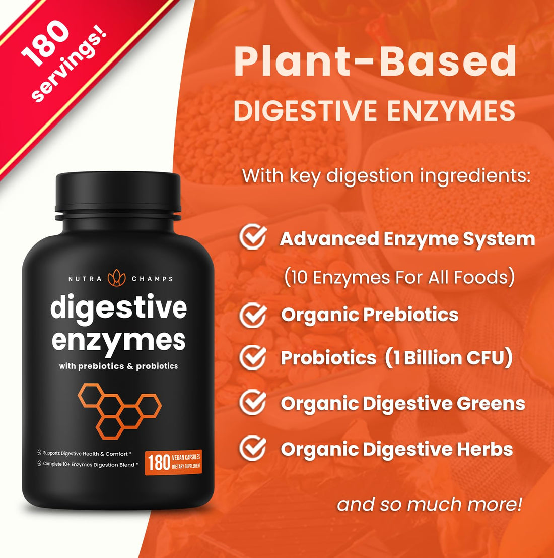 NutraChamps Digestive Enzymes with Probiotics and Prebiotics for Women & Men - 180 Vegan Capsules with Bromelain for Bloating & Optimal Gut Health - PrimeBioHealth - canada supplements