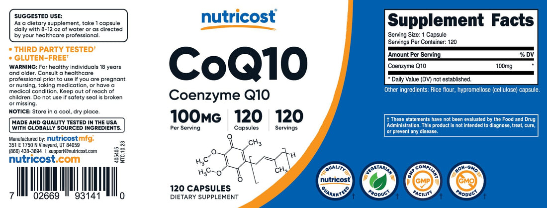 Nutricost CoQ10 100mg, 120 Vegetarian Capsules, 120 Servings - High Absorption, Vegetarian, Non-GMO, Coenzyme Q10 - PrimeBioHealth - canada supplements