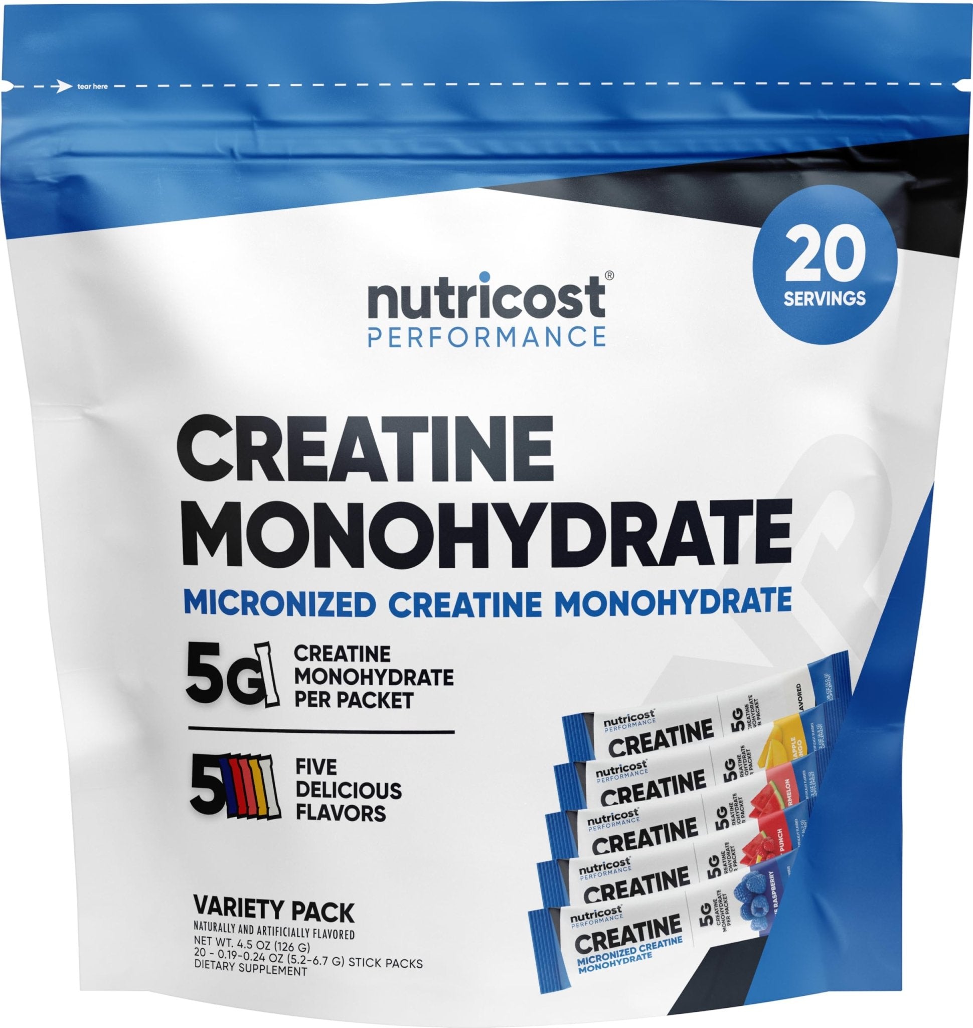 Nutricost Creatine Monohydrate Powder Variety Stickpacks (5 Flavors, 20 Servings) - Micronized, 5 Grams of Creatine Monohydrate Per Pack - PrimeBioHealth - canada supplements