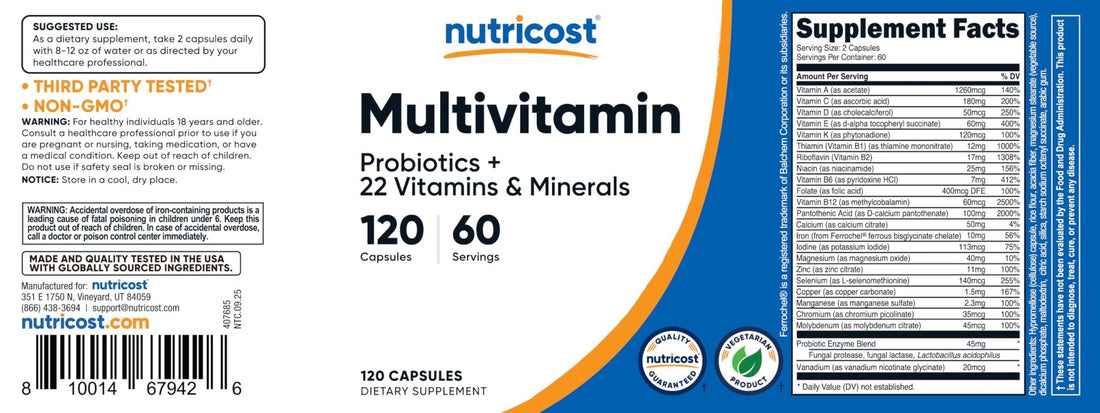 Nutricost Multivitamin with Probiotics 120 Vegetarian Capsules - Packed with Vitamins & Minerals - PrimeBioHealth - canada supplements