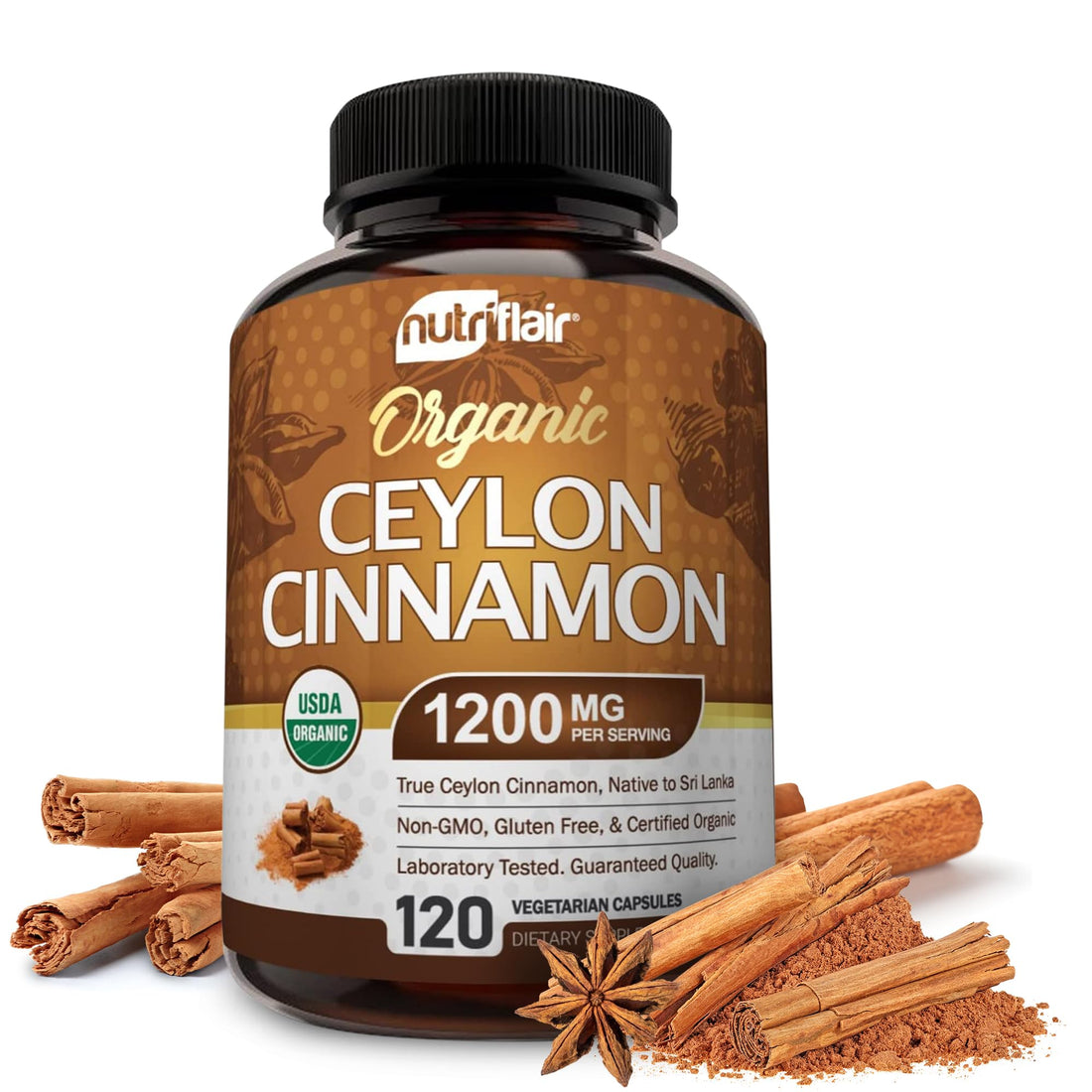 NutriFlair Organic Ceylon Cinnamon Supplement 1200mg, 120 Capsules - USDA Certified - Non-GMO, Gluten Free Powder, Antioxidant Pills - PrimeBioHealth - canada supplements
