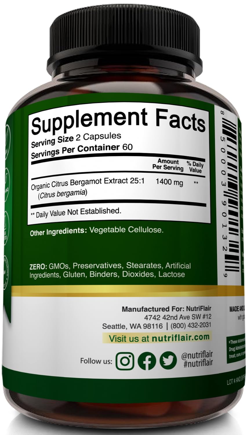 NutriFlair Organic Citrus Bergamot 1400mg, 120 Capsules - 25:1 Bergamia - Essential Oil and Citrus Bioflavonoids - Natural Heart Health Supplements - PrimeBioHealth - canada supplements