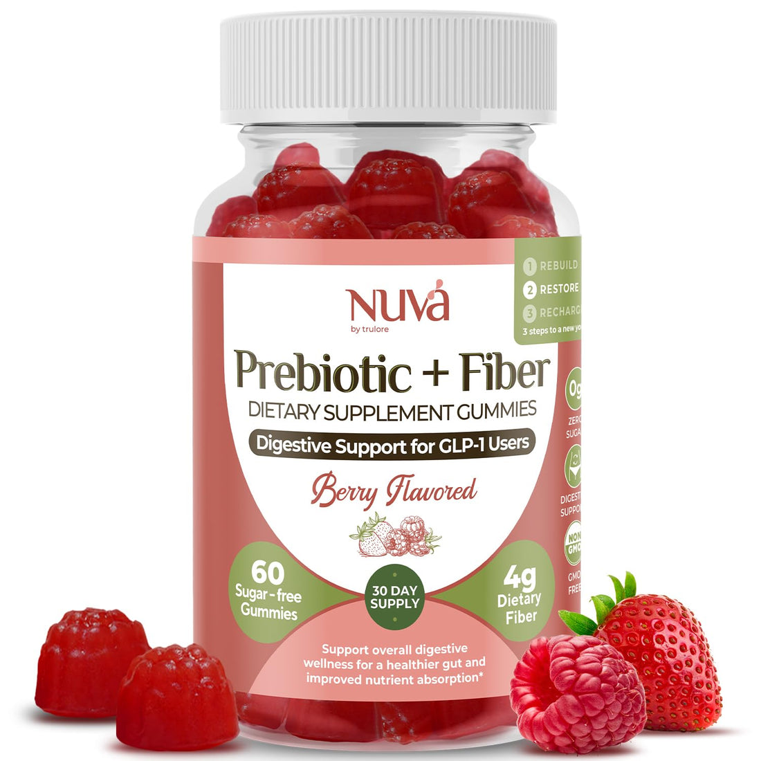 NuVa by Trulore Prebiotic + Fiber Gummies | User Nutritional Support | Sugar Free Fiber Gummies for Adults | Berry Flavor | Non-GMO Digestive Balance for Men & Women | 60 Gummies - 30 day Supply - PrimeBioHealth - canada supplements