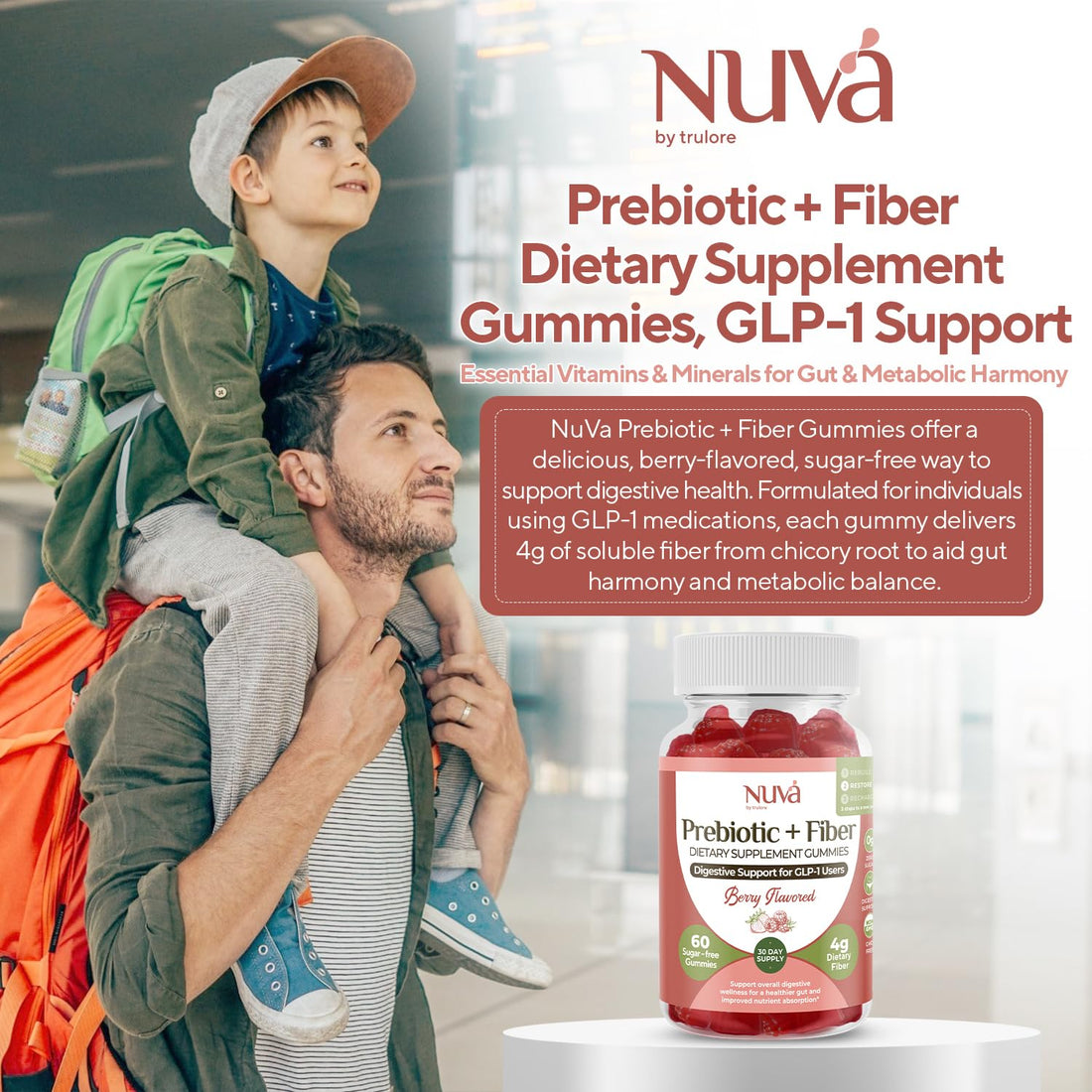 NuVa by Trulore Prebiotic + Fiber Gummies | User Nutritional Support | Sugar Free Fiber Gummies for Adults | Berry Flavor | Non-GMO Digestive Balance for Men & Women | 60 Gummies - 30 day Supply - PrimeBioHealth - canada supplements