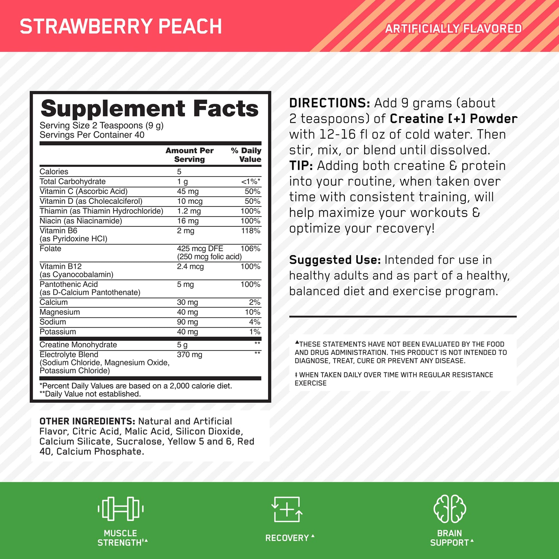 Optimum Nutrition Creatine Monohydrate Plus Powder, Strawberry Peach Flavored Creatine Performance Blend, with Electrolytes for Hydration, Added Vitamins - PrimeBioHealth - canada supplements