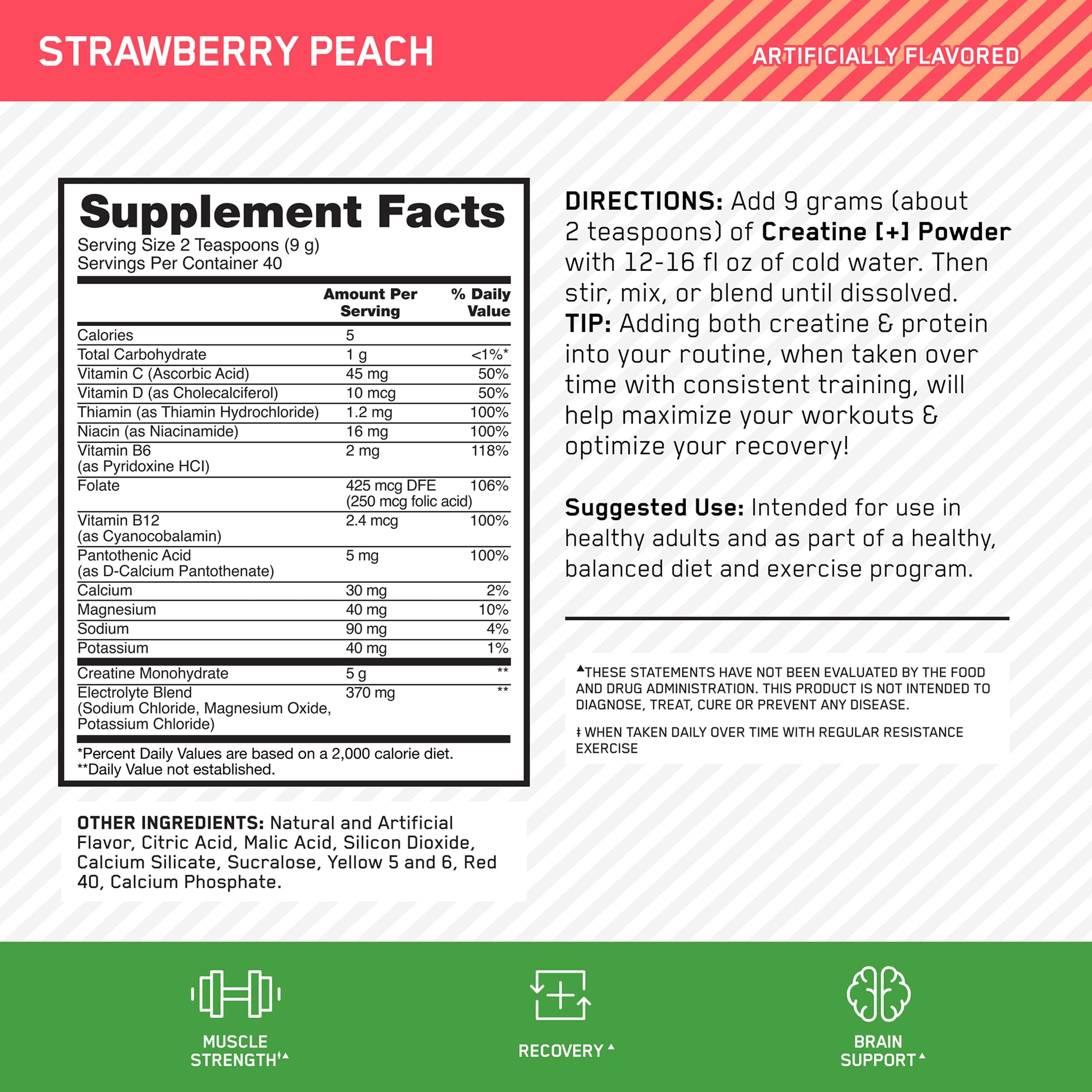 Optimum Nutrition Creatine Monohydrate Plus Powder, Strawberry Peach Flavored Creatine Performance Blend, with Electrolytes for Hydration, Added Vitamins - PrimeBioHealth - canada supplements