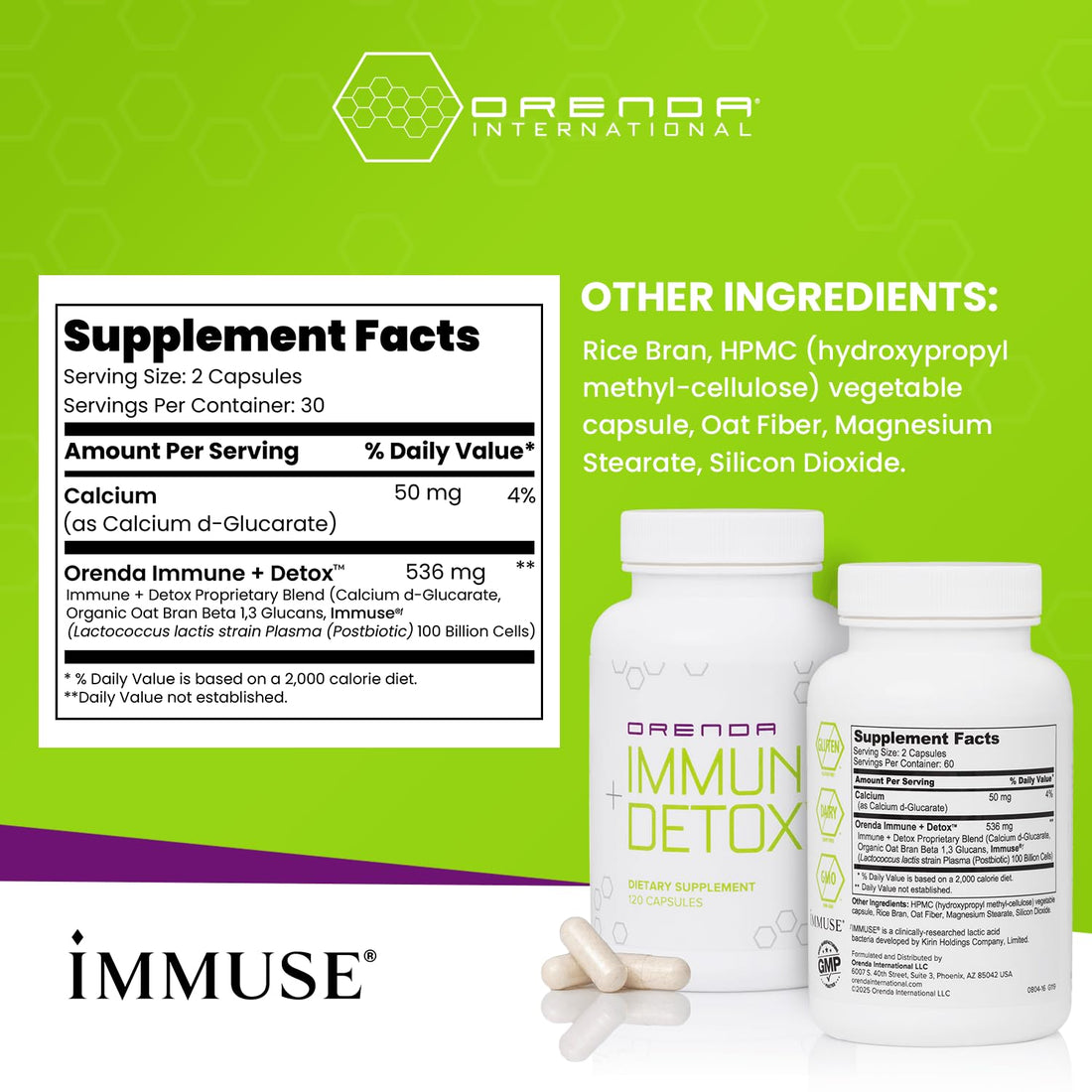 Orenda Immune + Detox - Specialized Formula with Calcium d-Glucarate, Beta 1,3 Glucans & IMMUSE® for Wellness and Balance - 120 Capsules - PrimeBioHealth - canada supplements