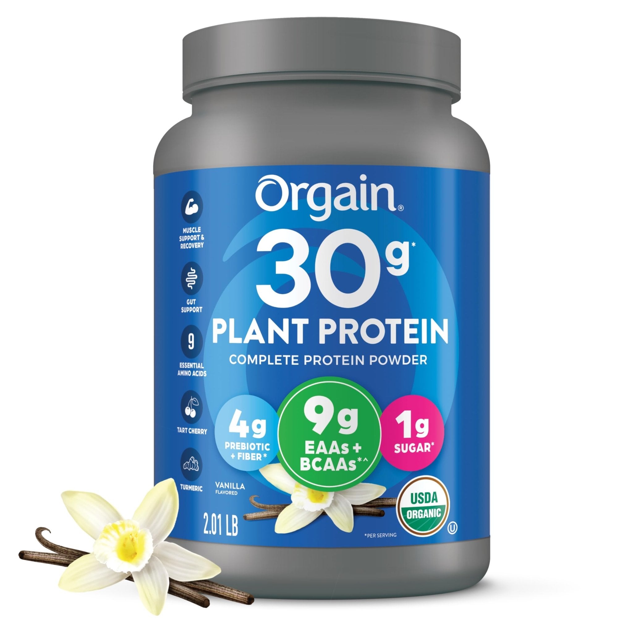 Orgain Organic 30g Vegan Plant Protein Powder, Vanilla, 9g EAAs + BCAAs, High Plant Protein, 4g Prebiotic + Fiber, 1g Sugar, Pre-Workout, Muscle Support + Recovery - 2.01lb (Packaging May Vary) - PrimeBioHealth - canada supplements