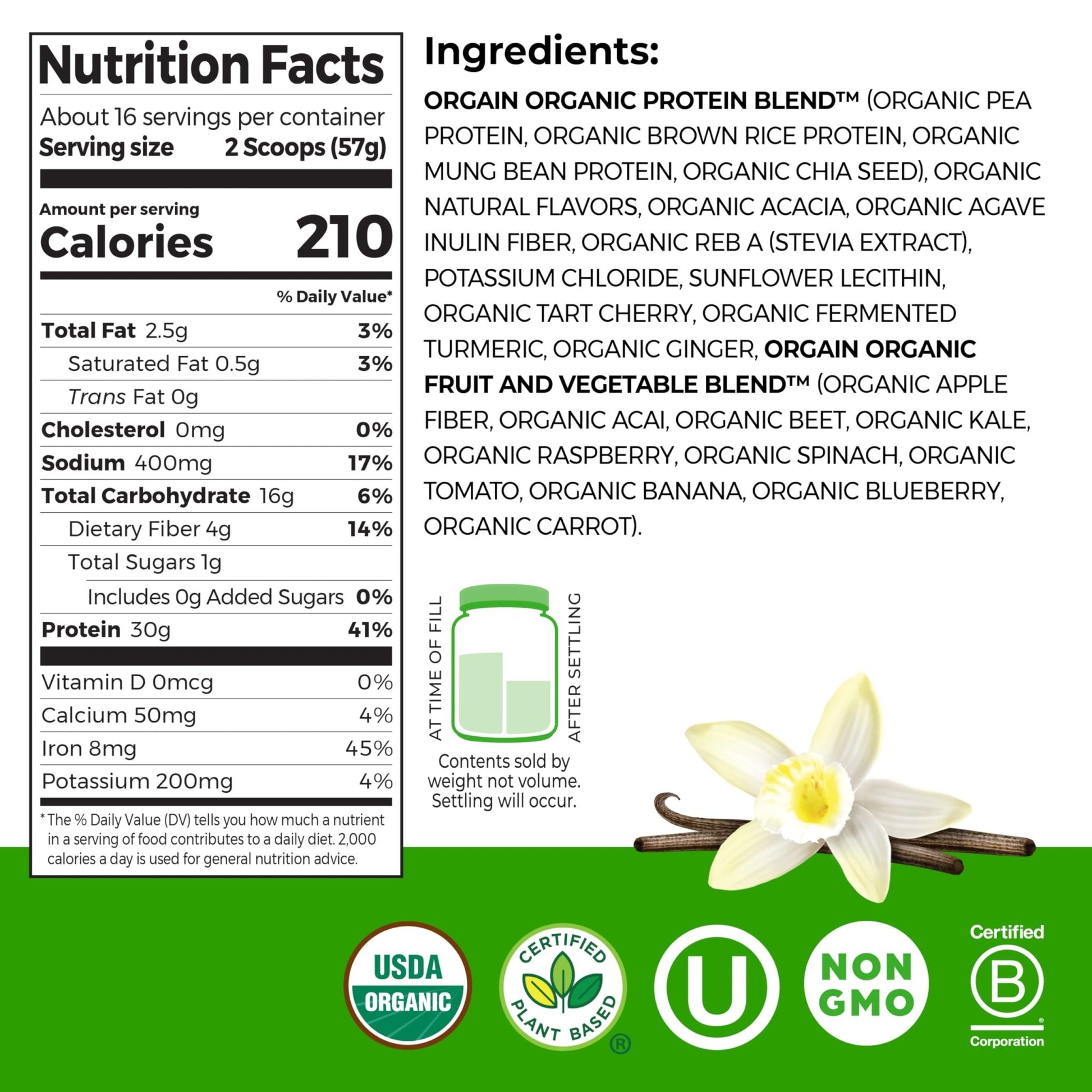 Orgain Organic 30g Vegan Plant Protein Powder, Vanilla, 9g EAAs + BCAAs, High Plant Protein, 4g Prebiotic + Fiber, 1g Sugar, Pre-Workout, Muscle Support + Recovery - 2.01lb (Packaging May Vary) - PrimeBioHealth - canada supplements