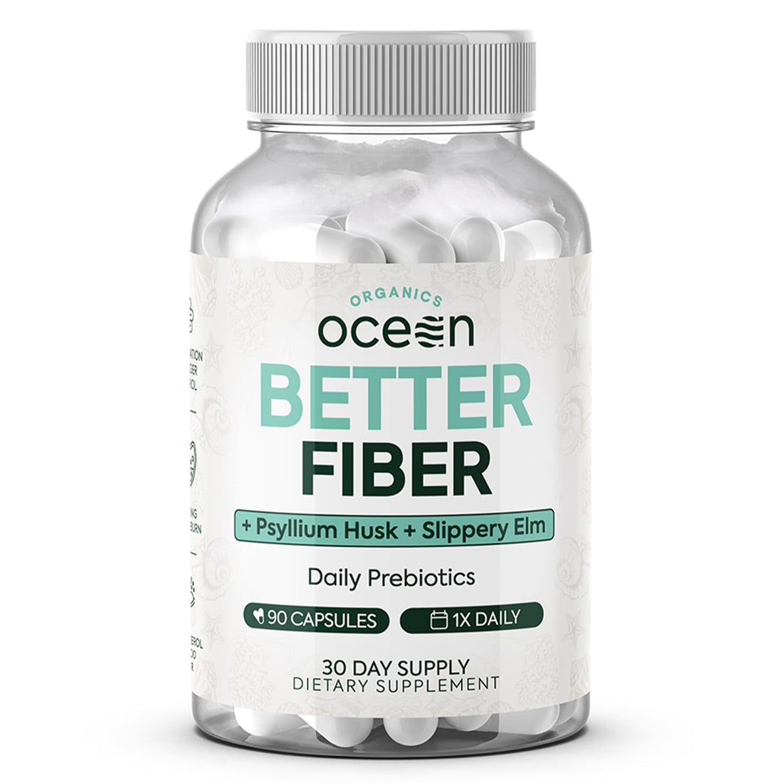 Organics Ocean Better Fiber - Daily Fiber Supplement - Soften Stool for Effortless Bowel Movements - with Psyllium Hulk and Slippery Elm - 90 Capsules - PrimeBioHealth - canada supplements