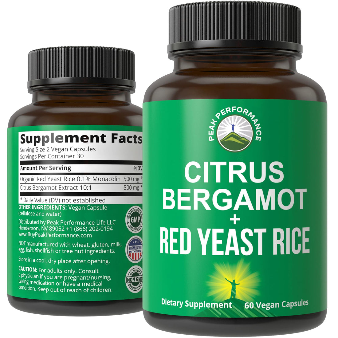 Peak Performance Citrus Bergamot + Red Yeast Rice. 2-in-1 Supplement. High Strength 10:1 Bergamot Extract. No Gluten, Zero Sugar, Vegan Capsules - PrimeBioHealth - canada supplements