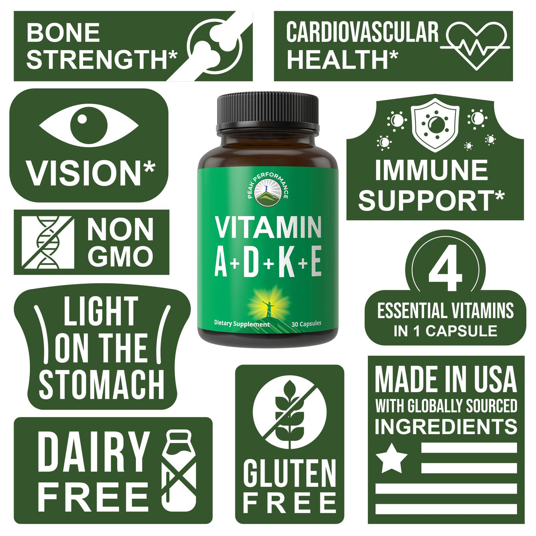 Peak Performance Vitamins D 5,000 iu + A + K + E All in 1 Easy to Swallow Vegan Capsule. ADK Vitamin Supplement with E D3 K2. Essential Vitamins for Mood - PrimeBioHealth - canada supplements
