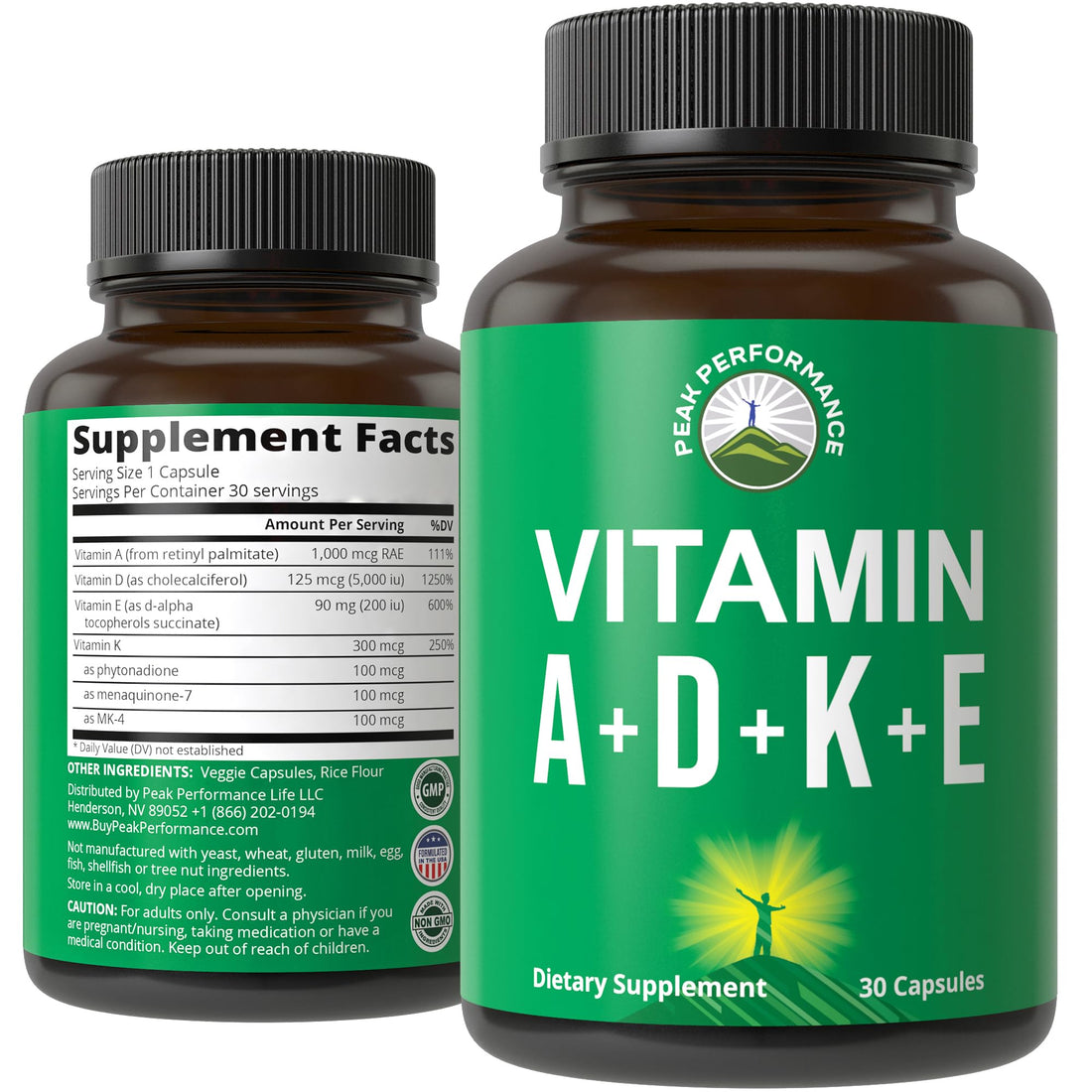 Peak Performance Vitamins D 5,000 iu + A + K + E All in 1 Easy to Swallow Vegan Capsule. ADK Vitamin Supplement with E D3 K2. Essential Vitamins for Mood - PrimeBioHealth - canada supplements