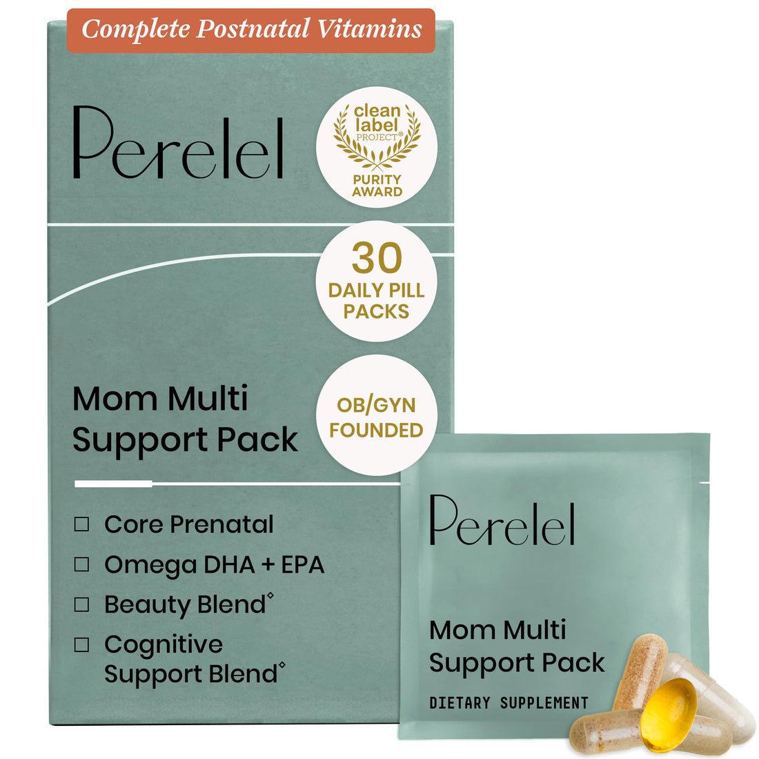 Perelel Mom Multi Support Pack, Postnatal Vitamins for Women with Omega 3 Dha, Iron, Collagen, & Vitamin B12 to Support Postpartum Health - PrimeBioHealth - canada supplements