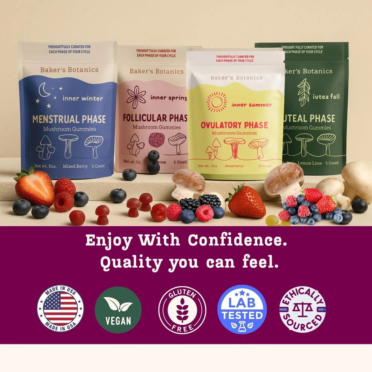 Period ovulatory & PMS Support Supplement for Women – Hormone Balance + 4-Phase Menstrual Cycle Kit | Vegan Functional Mushroom Gummies by Baker’s Botanics (Pack of 6)(30 Gummies) - PrimeBioHealth - canada supplements