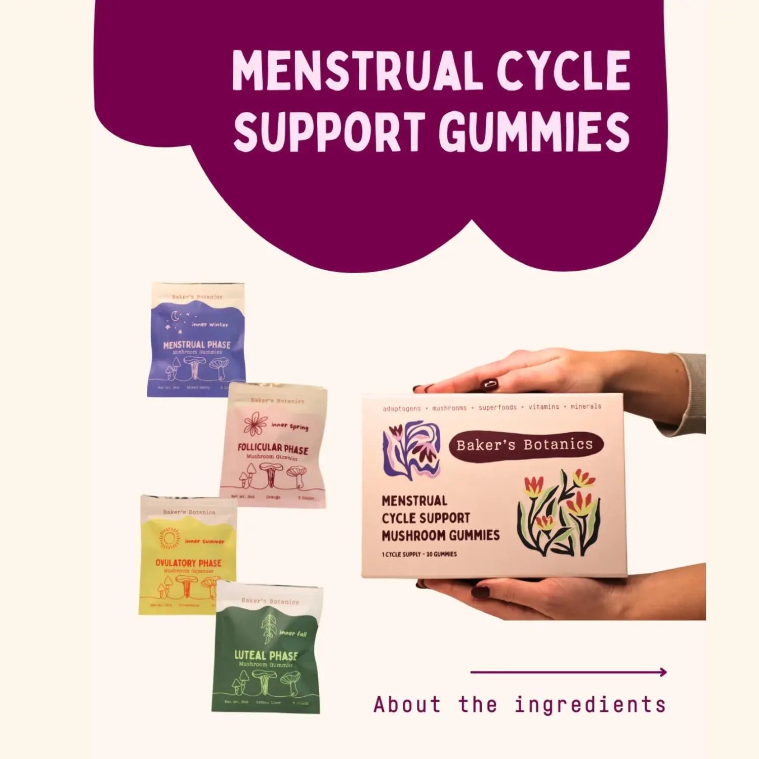 Period ovulatory & PMS Support Supplement for Women – Hormone Balance + 4-Phase Menstrual Cycle Kit | Vegan Functional Mushroom Gummies by Baker’s Botanics (Pack of 6)(30 Gummies) - PrimeBioHealth - canada supplements