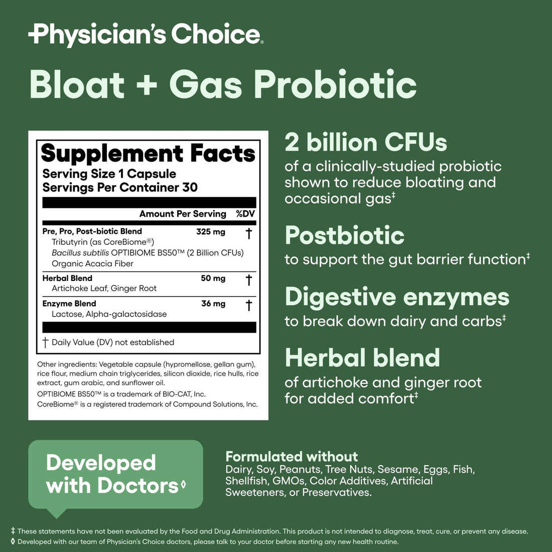 Physician's CHOICE Bloat & Gas Probiotic 5-in-1 Proactive Support + Daily Relief - Digestion & Gut Health- Herbals, Digestive Enzymes, Post & Prebiotics - PrimeBioHealth - canada supplements