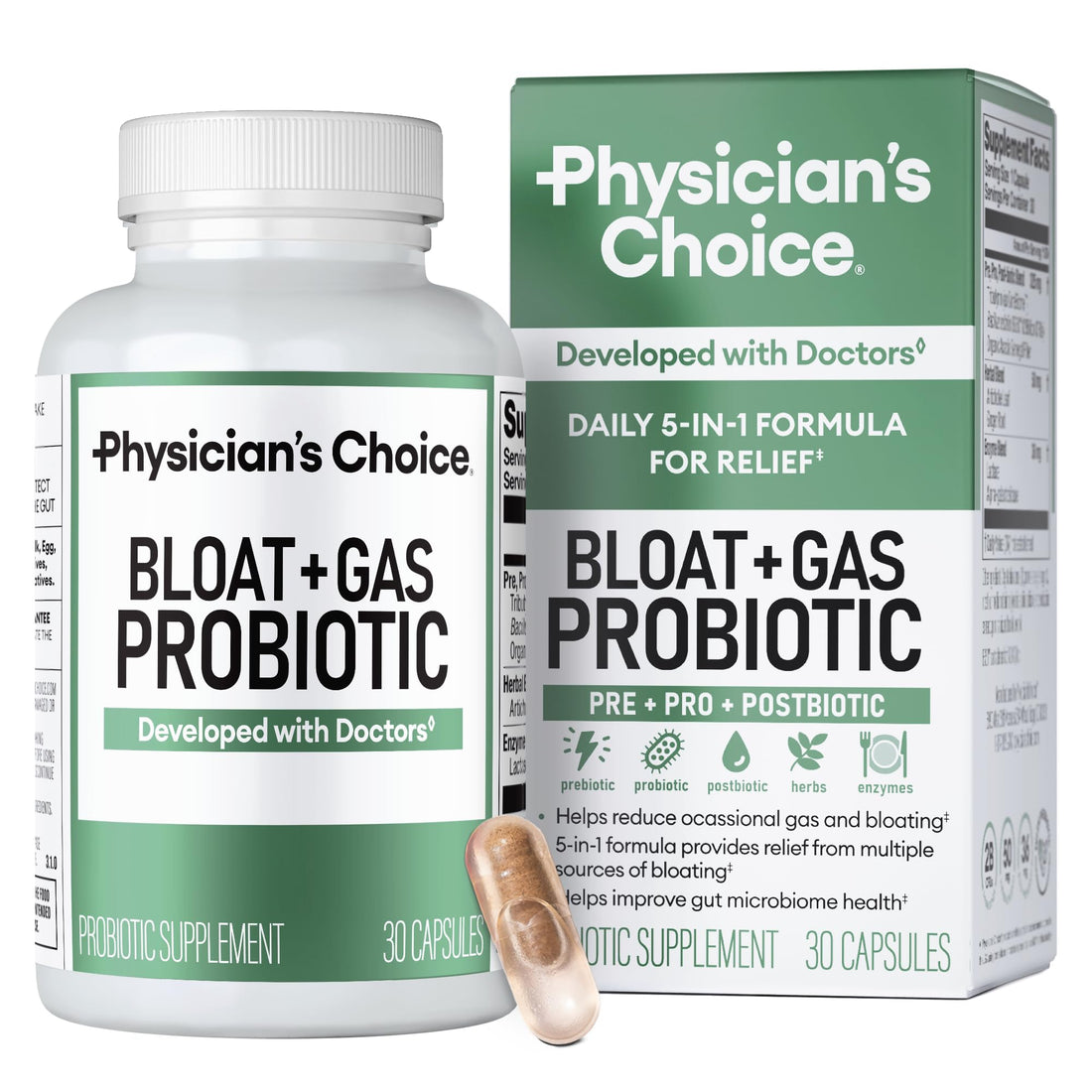 Physician's CHOICE Bloat & Gas Probiotic 5-in-1 Proactive Support + Daily Relief - Digestion & Gut Health- Herbals, Digestive Enzymes, Post & Prebiotics - PrimeBioHealth - canada supplements
