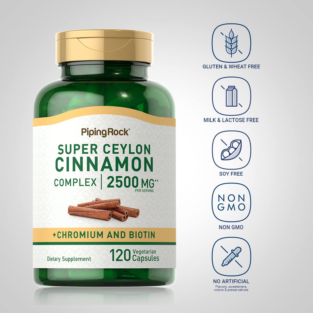 Piping Rock Ceylon Cinnamon Capsules | 120 Pills | Complex Supplement with Chromium and Biotin | Vegetarian, Non-GMO, Gluten Free - PrimeBioHealth - canada supplements