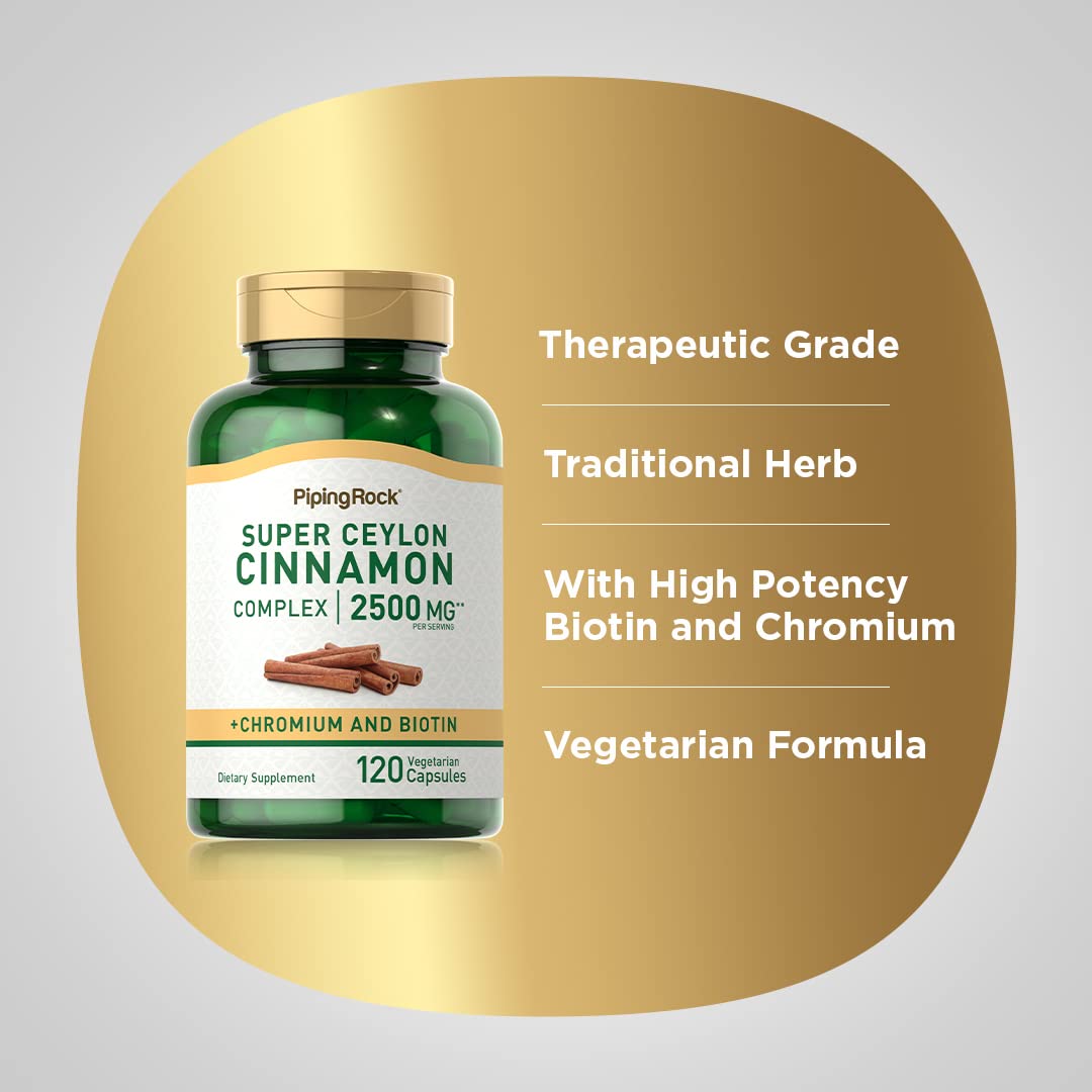 Piping Rock Ceylon Cinnamon Capsules | 120 Pills | Complex Supplement with Chromium and Biotin | Vegetarian, Non-GMO, Gluten Free - PrimeBioHealth - canada supplements