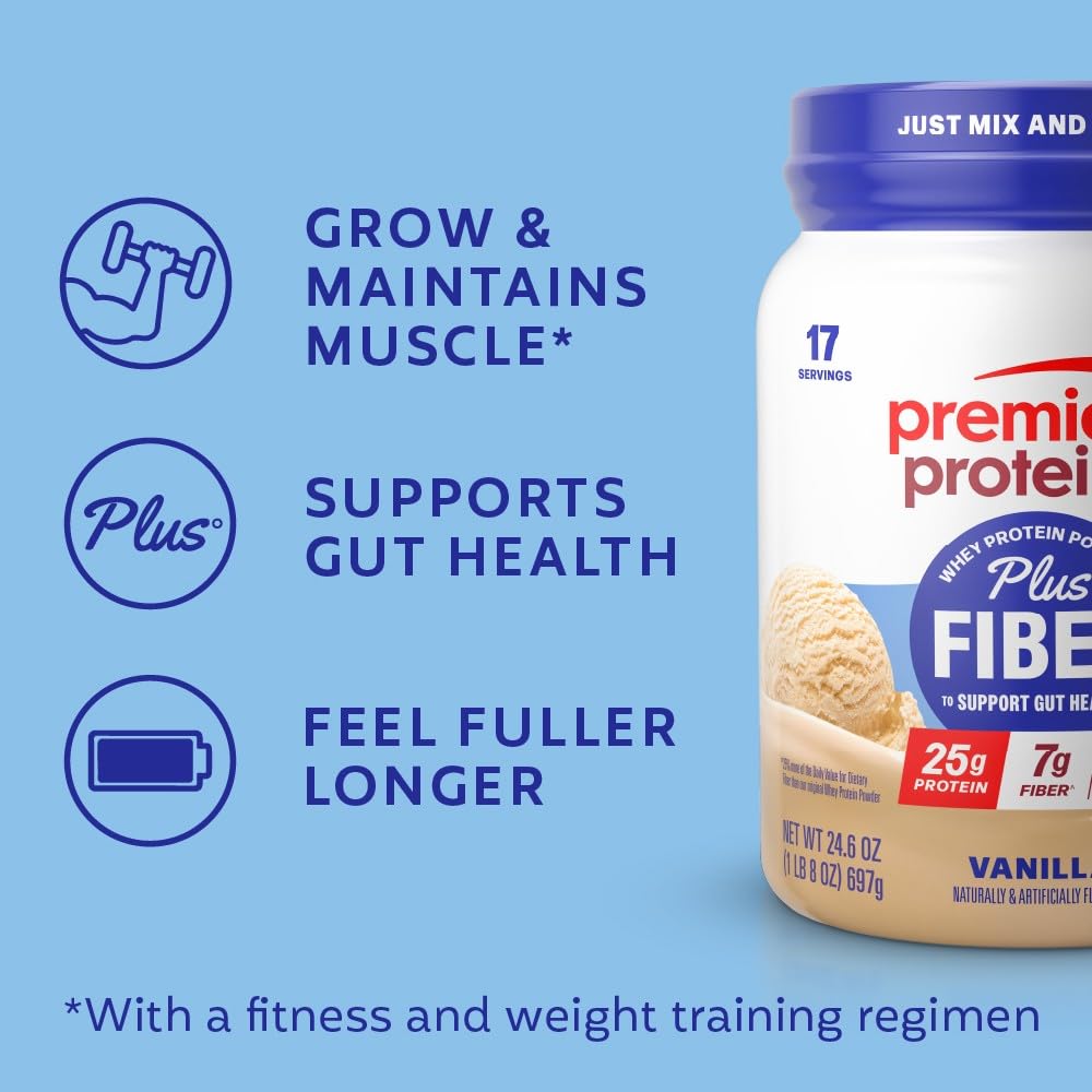 Premier Protein Powder Plus Fiber, Vanilla, 25g Protein, 7g Fiber to Support Gut Health, No Added Sugar (17 Servings) - PrimeBioHealth - canada supplements