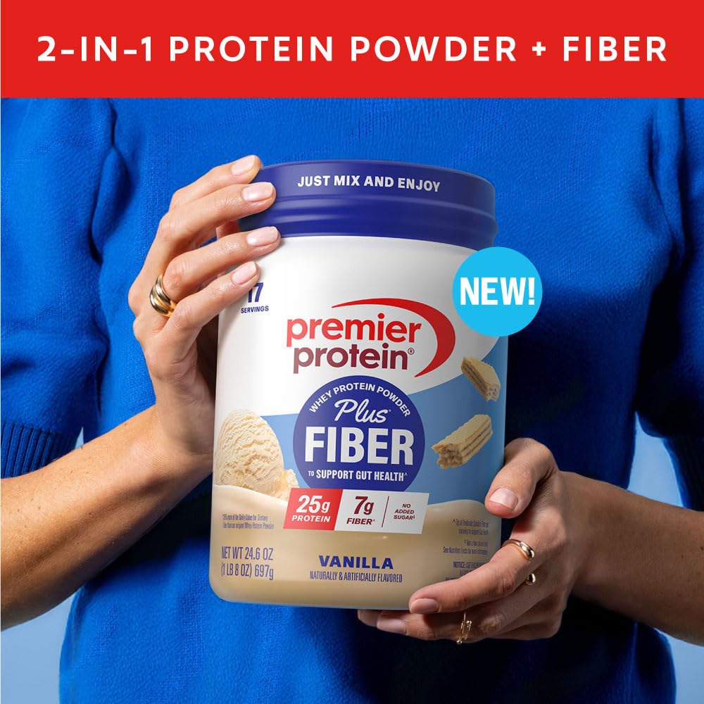 Premier Protein Powder Plus Fiber, Vanilla, 25g Protein, 7g Fiber to Support Gut Health, No Added Sugar (17 Servings) - PrimeBioHealth - canada supplements