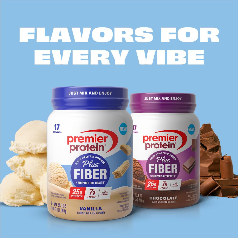 Premier Protein Powder Plus Fiber, Vanilla, 25g Protein, 7g Fiber to Support Gut Health, No Added Sugar (17 Servings) - PrimeBioHealth - canada supplements