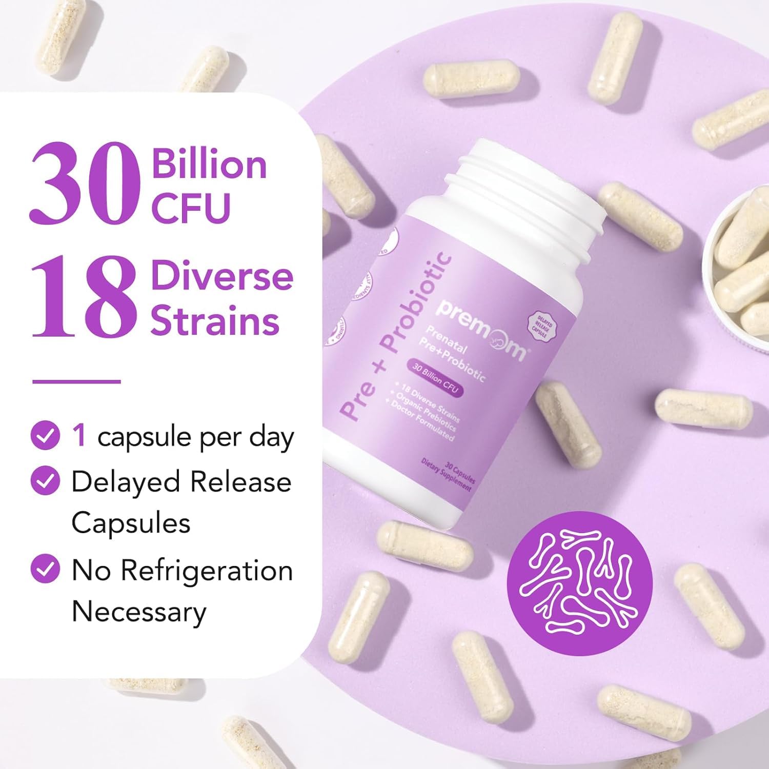 Premom Prenatal Prebiotics & Probiotics for Women, 30 Billion CFU, 18 Strains, Organic Prebiotic & Womens Probiotic, Vaginal, Gut, & Digestive Health + Immune Support Supplement - PrimeBioHealth - canada supplements