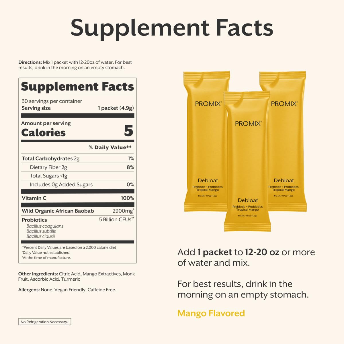 ProMix Nutrition Debloat Prebiotics and Probiotics Immune Support Supplement for Digestion, Cortisol Health, Gut Cleanse - Mango - 30 Servings (Pack of 30) - PrimeBioHealth - canada supplements