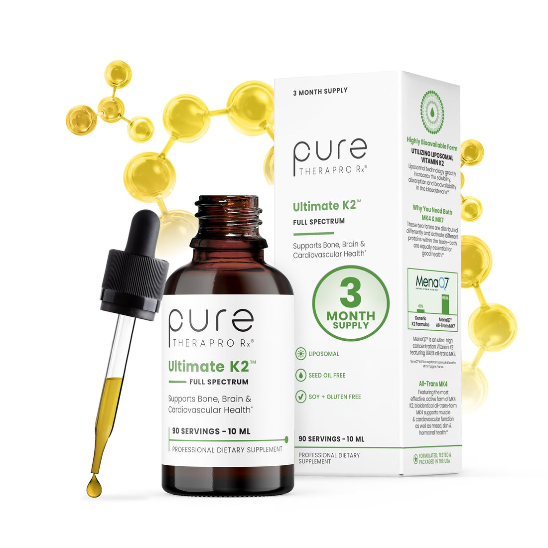 Pure Therapro Rx Ultimate K2 Supplement | Liquid Liposomal Vitamin K2 Drops | 90 Servings | 600mcg Vegan K2 as MK4 & MenaQ7 MK7 | Supports Bone Health, Heart Health, Skin & Hair | 10 mL - PrimeBioHealth - canada supplements
