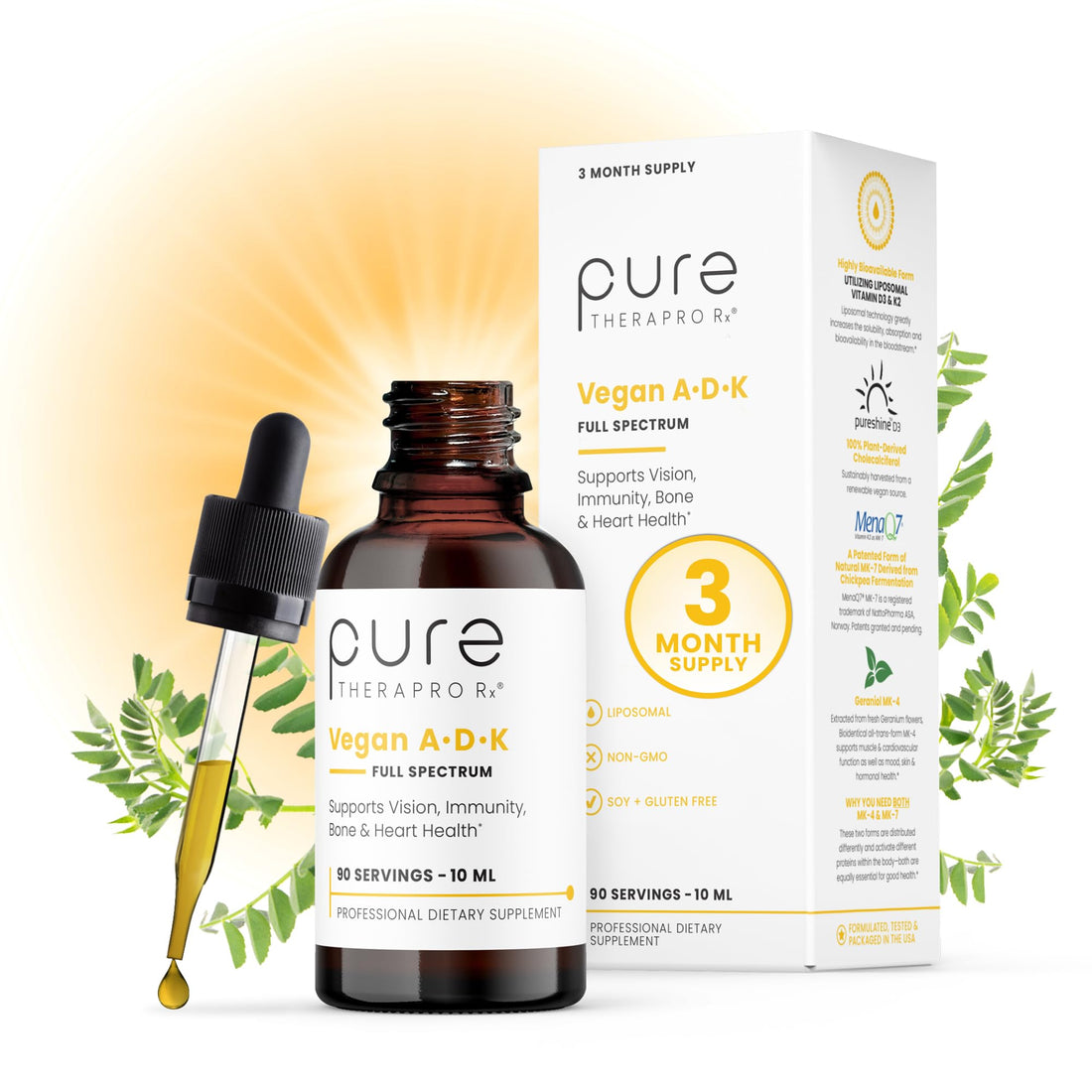 Pure TheraPro Rx Vegan A-D-K Drops-6 Mon Supply-Vitamin A(Palmitate & Betacarotene),Liposomal Vitamin D3(as vegan cholecalciferol),Liposomal Vitamin K2(MK-4 & MK-7)Supports Immunity & Bone Health-20mL - PrimeBioHealth - canada supplements
