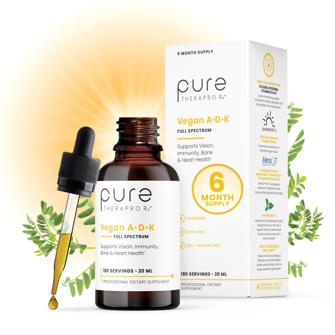 Pure TheraPro Rx Vegan A-D-K Drops-6 Mon Supply-Vitamin A(Palmitate & Betacarotene),Liposomal Vitamin D3(as vegan cholecalciferol),Liposomal Vitamin K2(MK-4 & MK-7)Supports Immunity & Bone Health-20mL - PrimeBioHealth - canada supplements