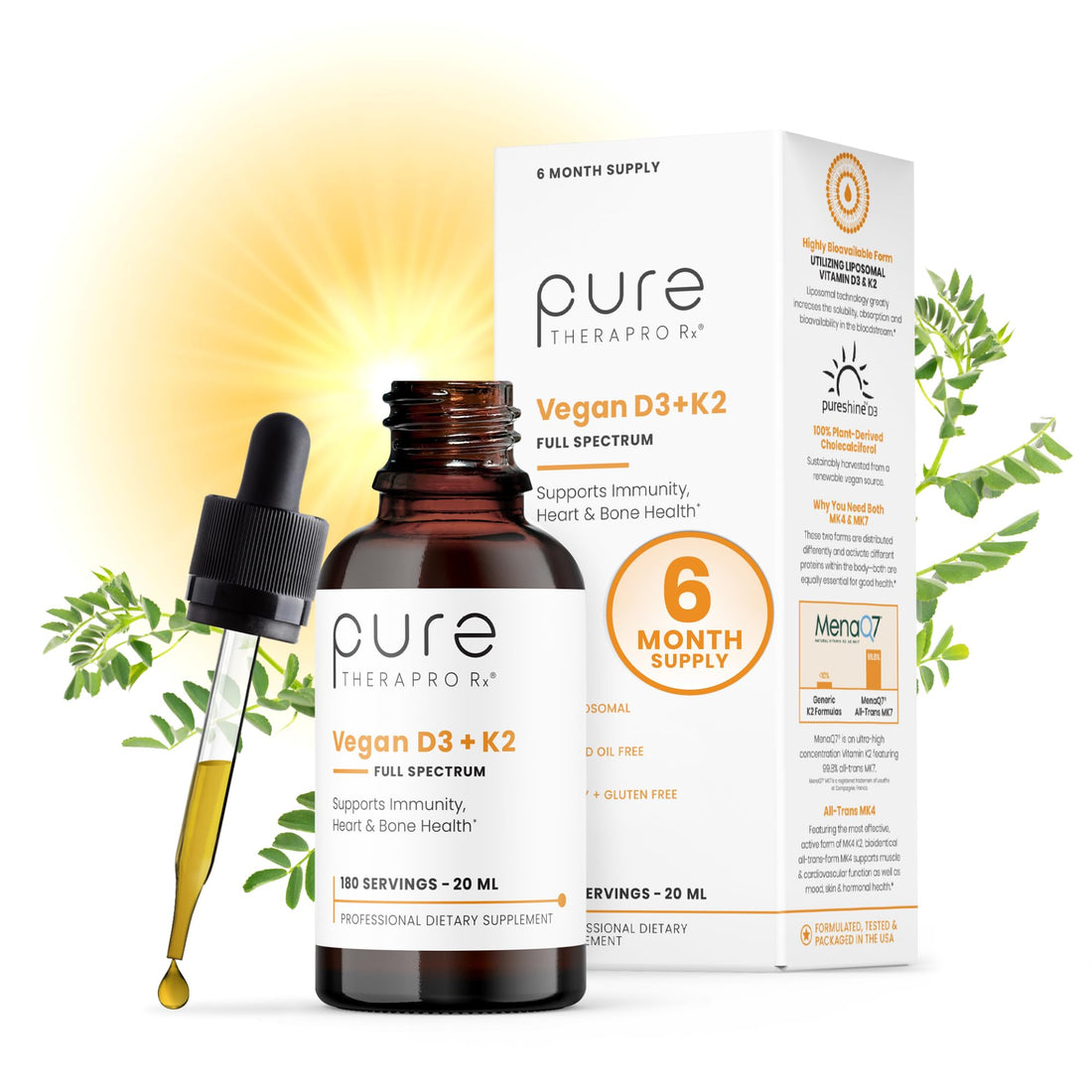 Pure Therapro Rx Vegan D3 + K2 Organic 100% Liposomal 10ml Made in USA | 3 Month Supply | Maximum Absorption Vitamin D3 and Vitamin K2 Supplements for Men and Women, D3 Vitamin 5000 IU - PrimeBioHealth - canada supplements