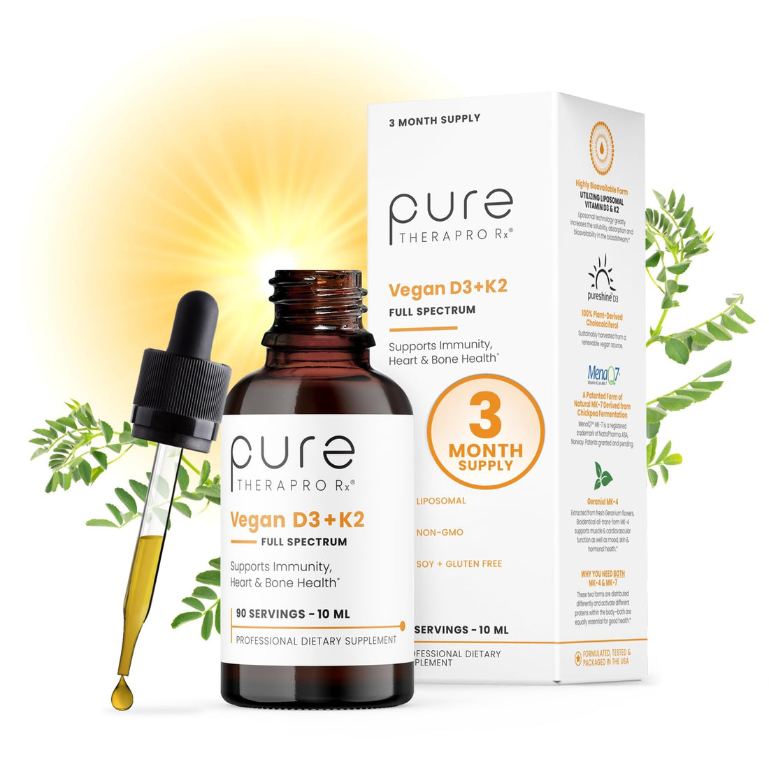 Pure Therapro Rx Vegan D3 + K2 Organic 100% Liposomal 10ml Made in USA | 3 Month Supply | Maximum Absorption Vitamin D3 and Vitamin K2 Supplements for Men and Women, D3 Vitamin 5000 IU - PrimeBioHealth - canada supplements