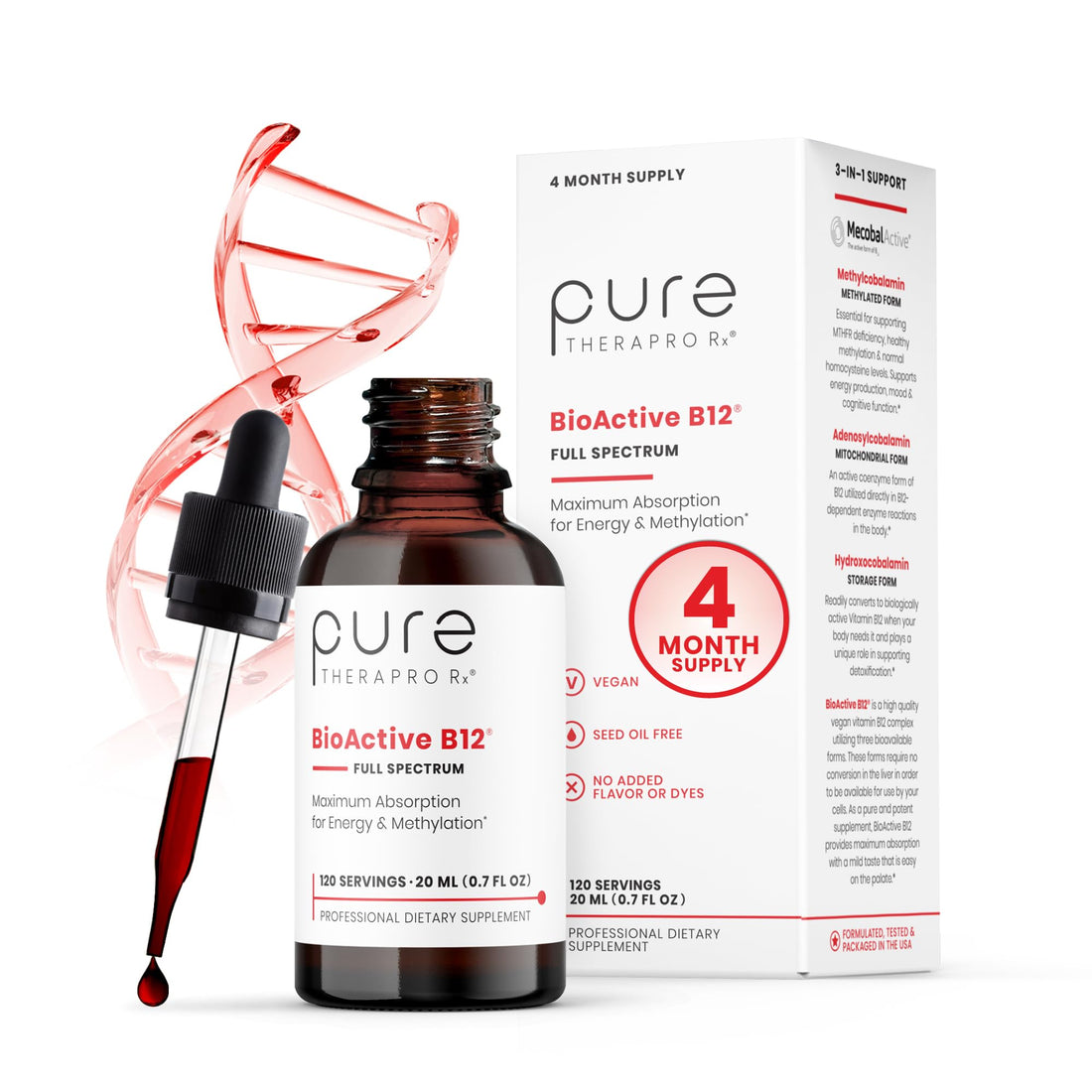 Pure Therapro Rx Vitamin B12 Supplement for Men & Women | Methylated Sublingual Liquid Methylcobalamin + 2 More Forms | 1,250 mcg B12 per Drop (4 Drops = 5,000mcg / 2 Month Supply) 10 ml - PrimeBioHealth - canada supplements
