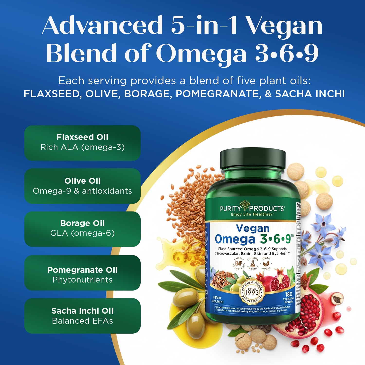 Purity Products Vegan Omega 3 6 9 Formula - “5 in 1” Essential Fatty Acid Complex - Scientifically Formulated Plant-Based Vegan Omega 3-6-9 Essential Fatty Acids - PrimeBioHealth - canada supplements